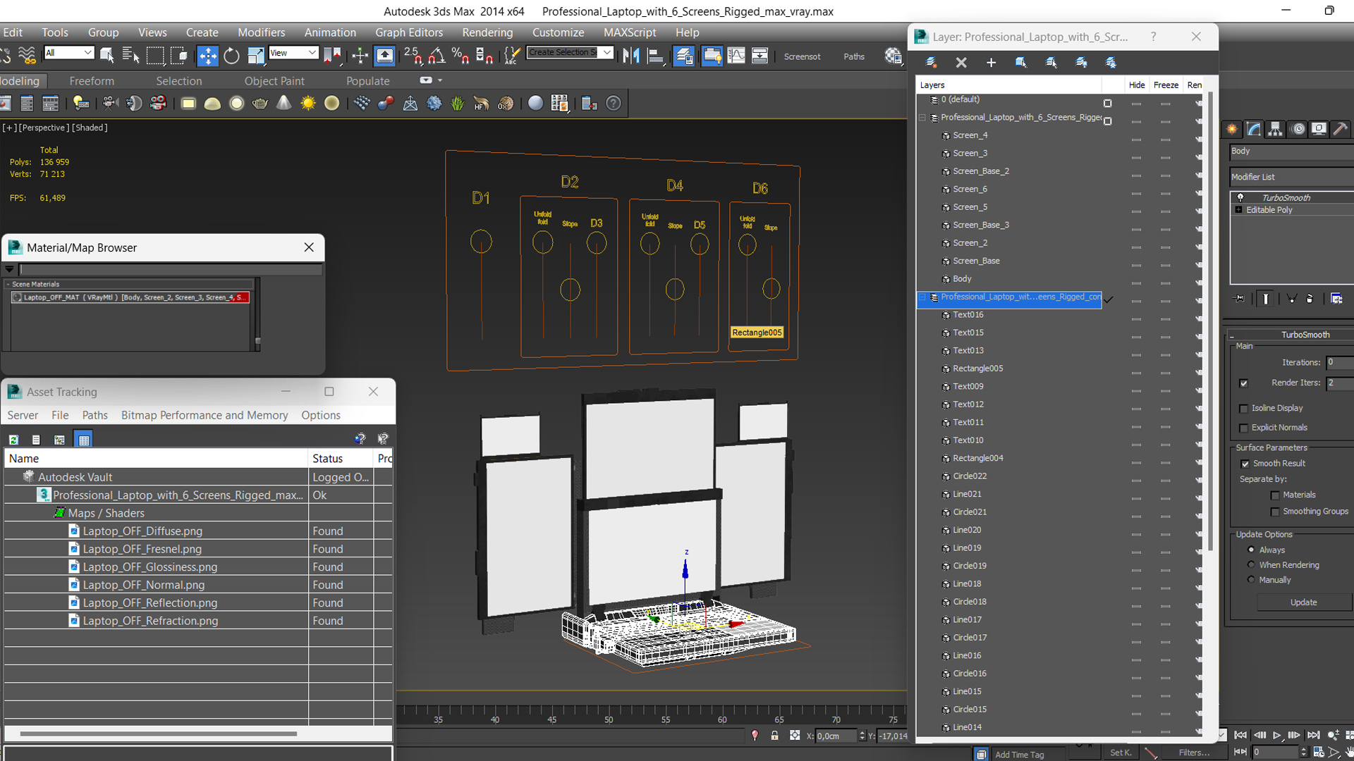 3D Professional Laptop with 6 Screens Rigged