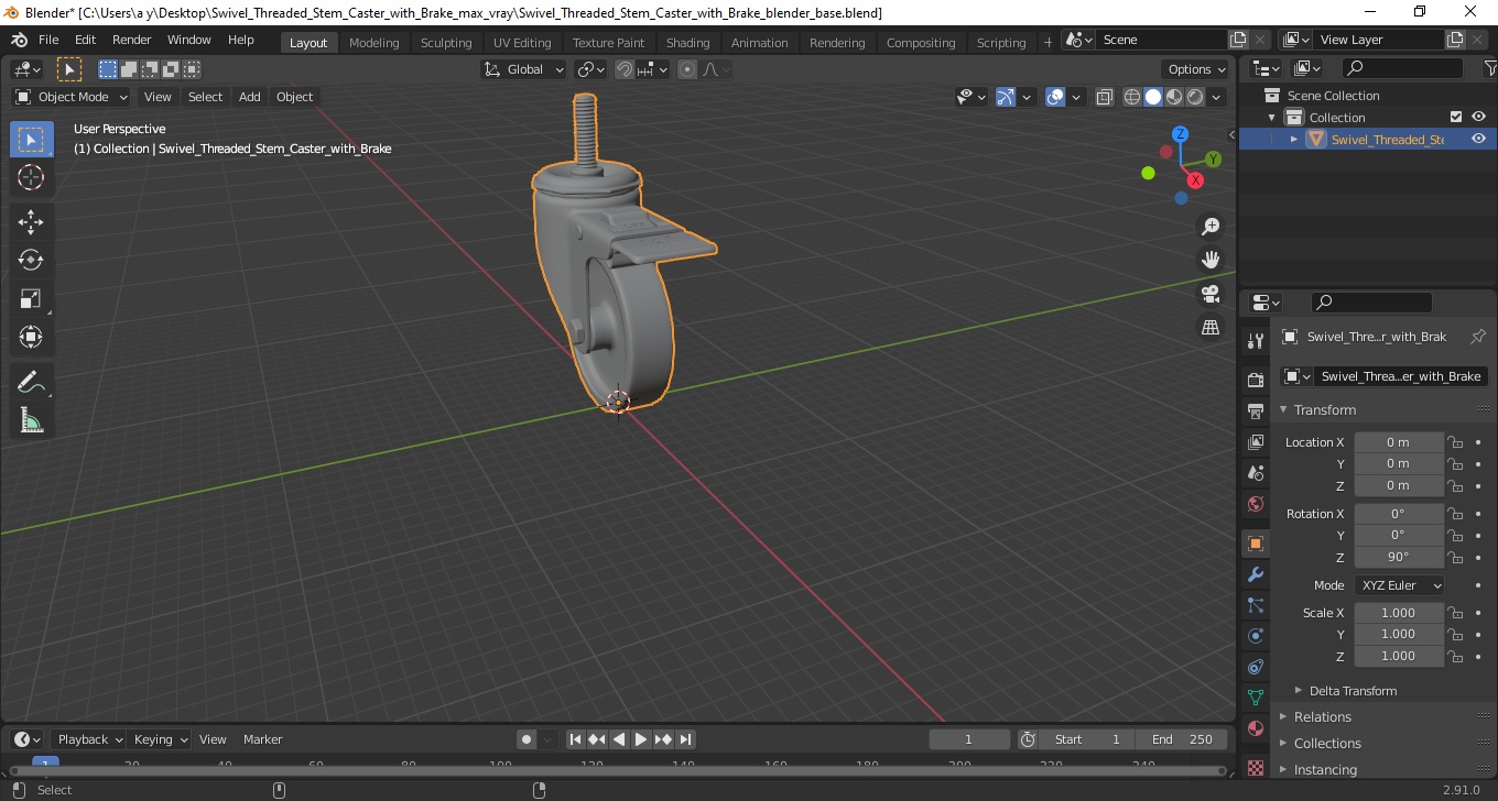 3D Swivel Threaded Stem Caster with Brake model