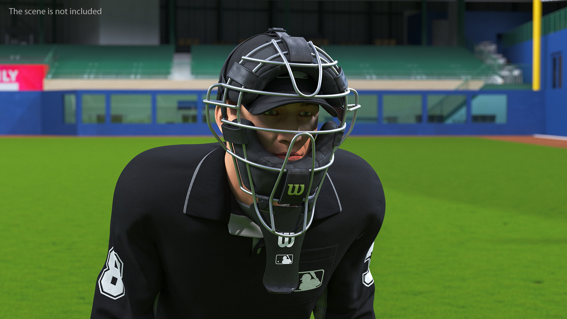 Baseball Umpire with Protective Mask and Cap in Ready Pose Fur 3D
