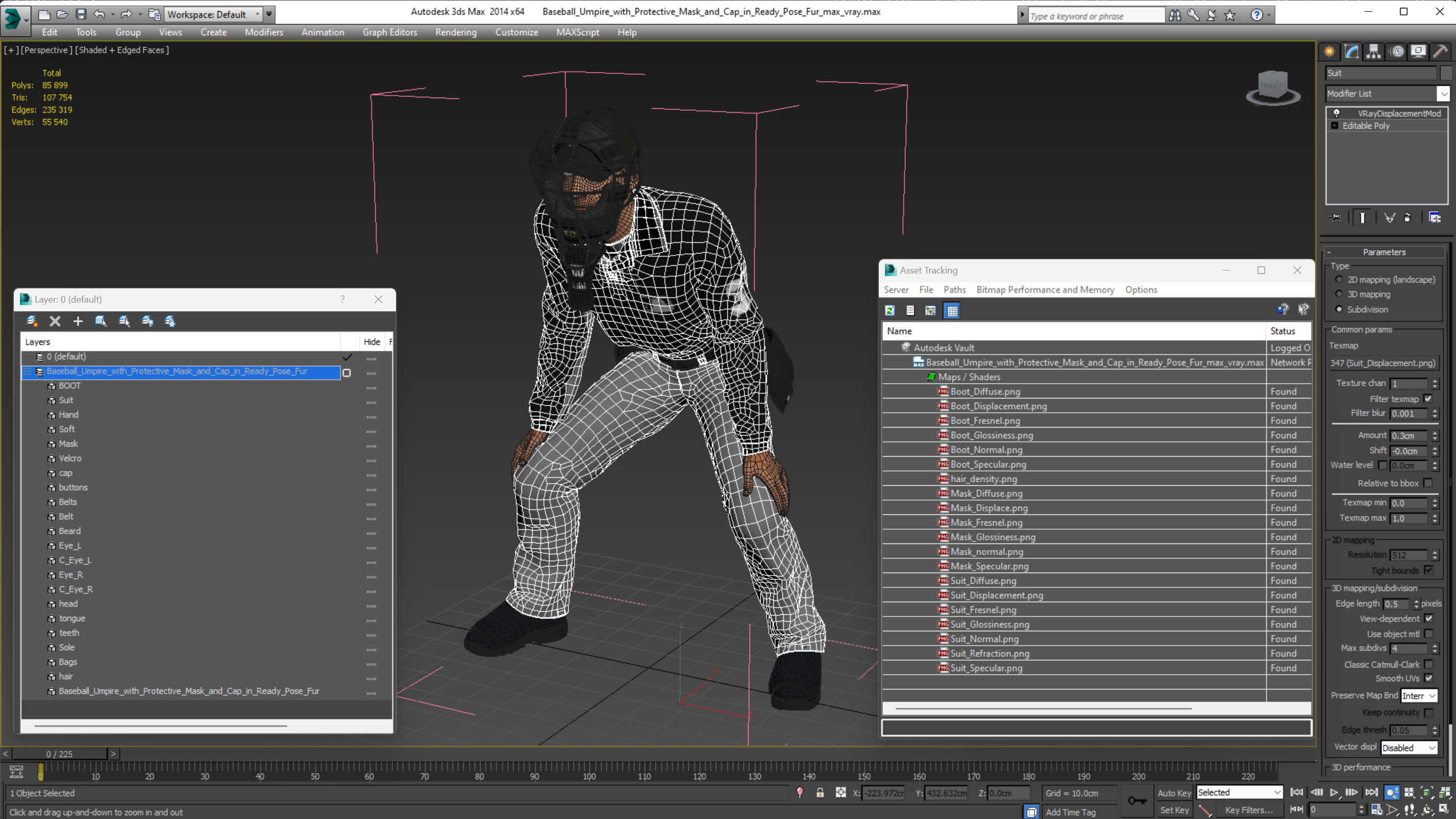 Baseball Umpire with Protective Mask and Cap in Ready Pose Fur 3D
