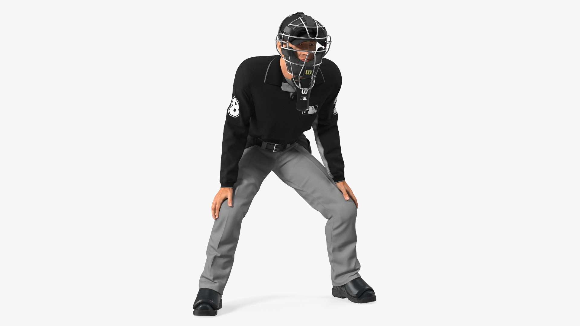 Baseball Umpire with Protective Mask and Cap in Ready Pose Fur 3D
