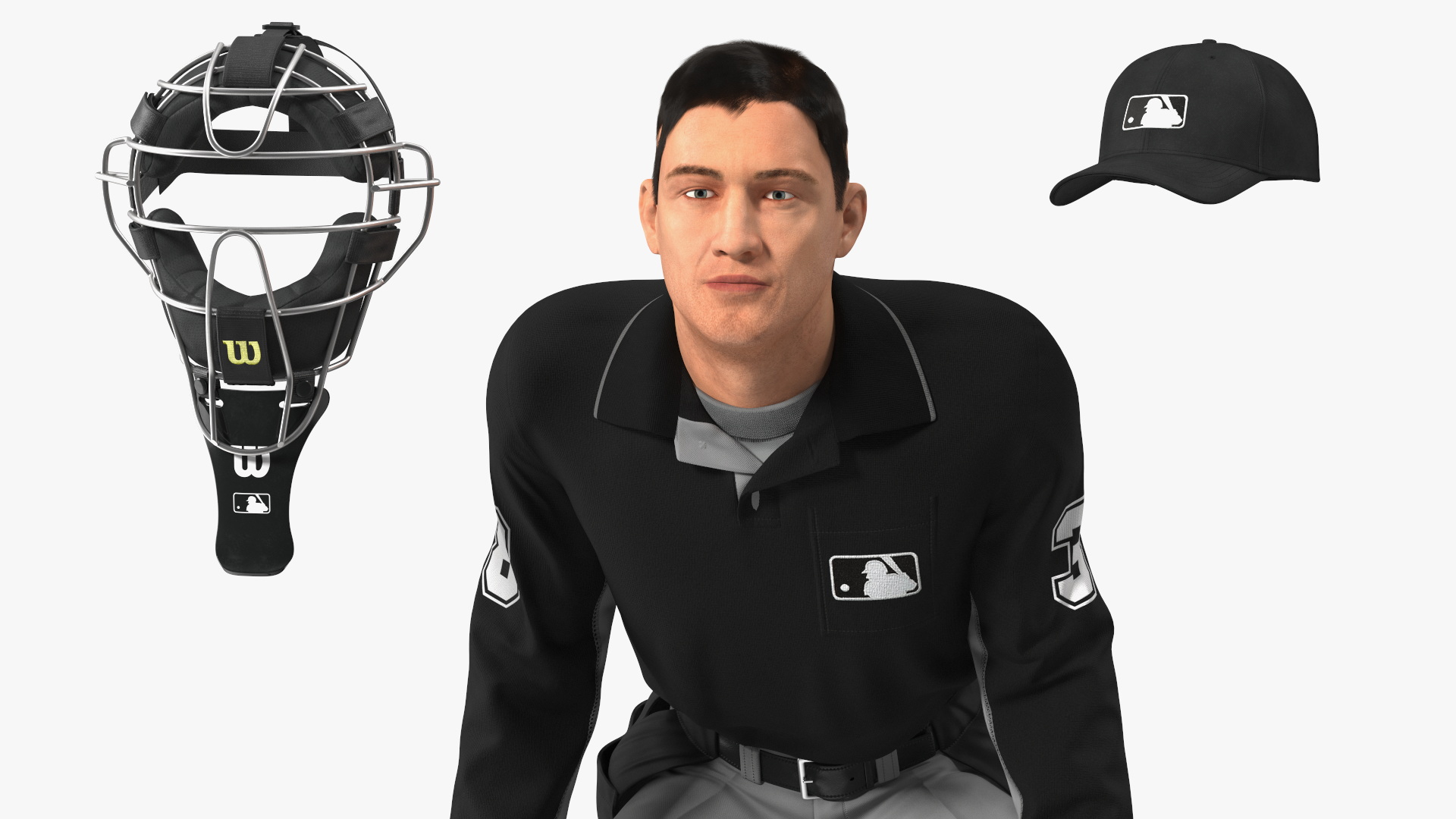 Baseball Umpire with Protective Mask and Cap in Ready Pose Fur 3D