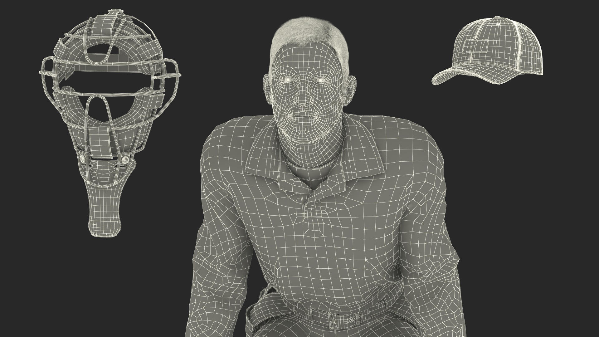 Baseball Umpire with Protective Mask and Cap in Ready Pose Fur 3D
