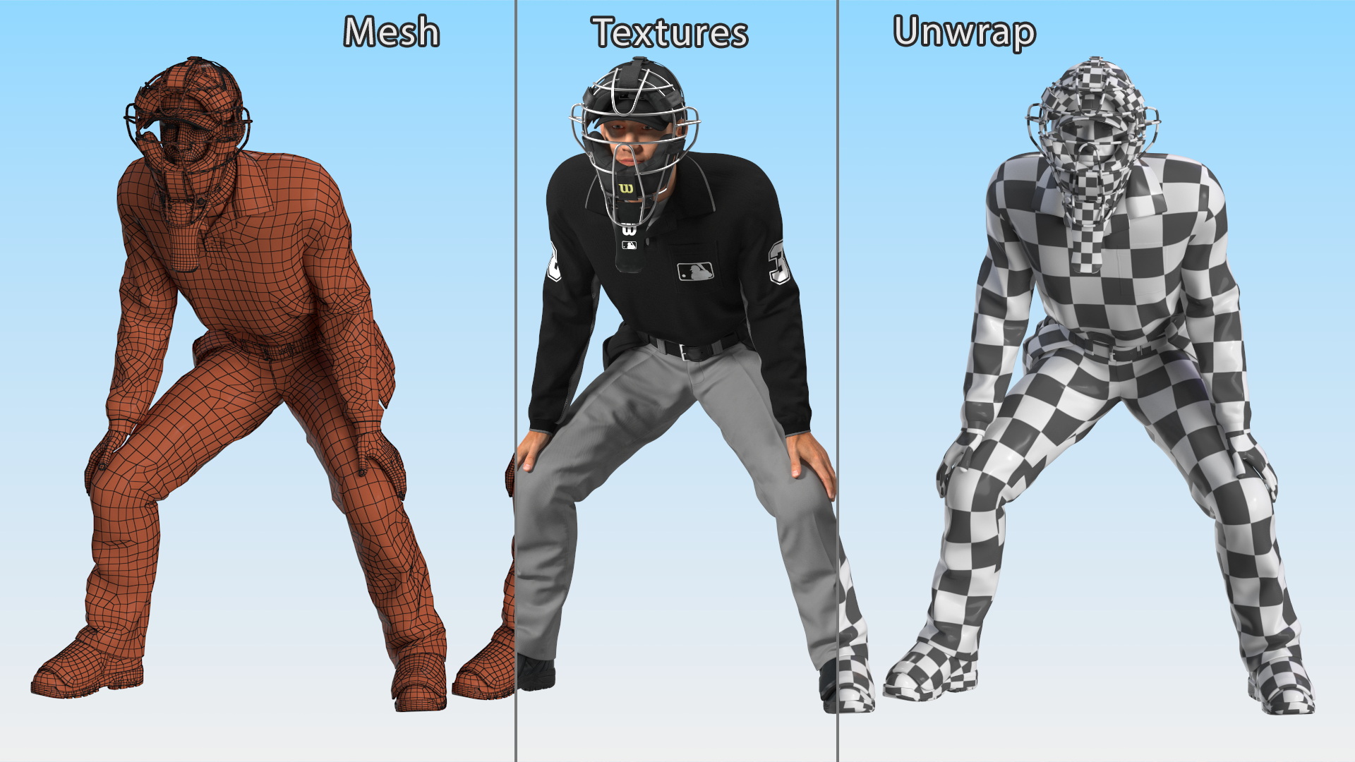 Baseball Umpire with Protective Mask and Cap in Ready Pose Fur 3D