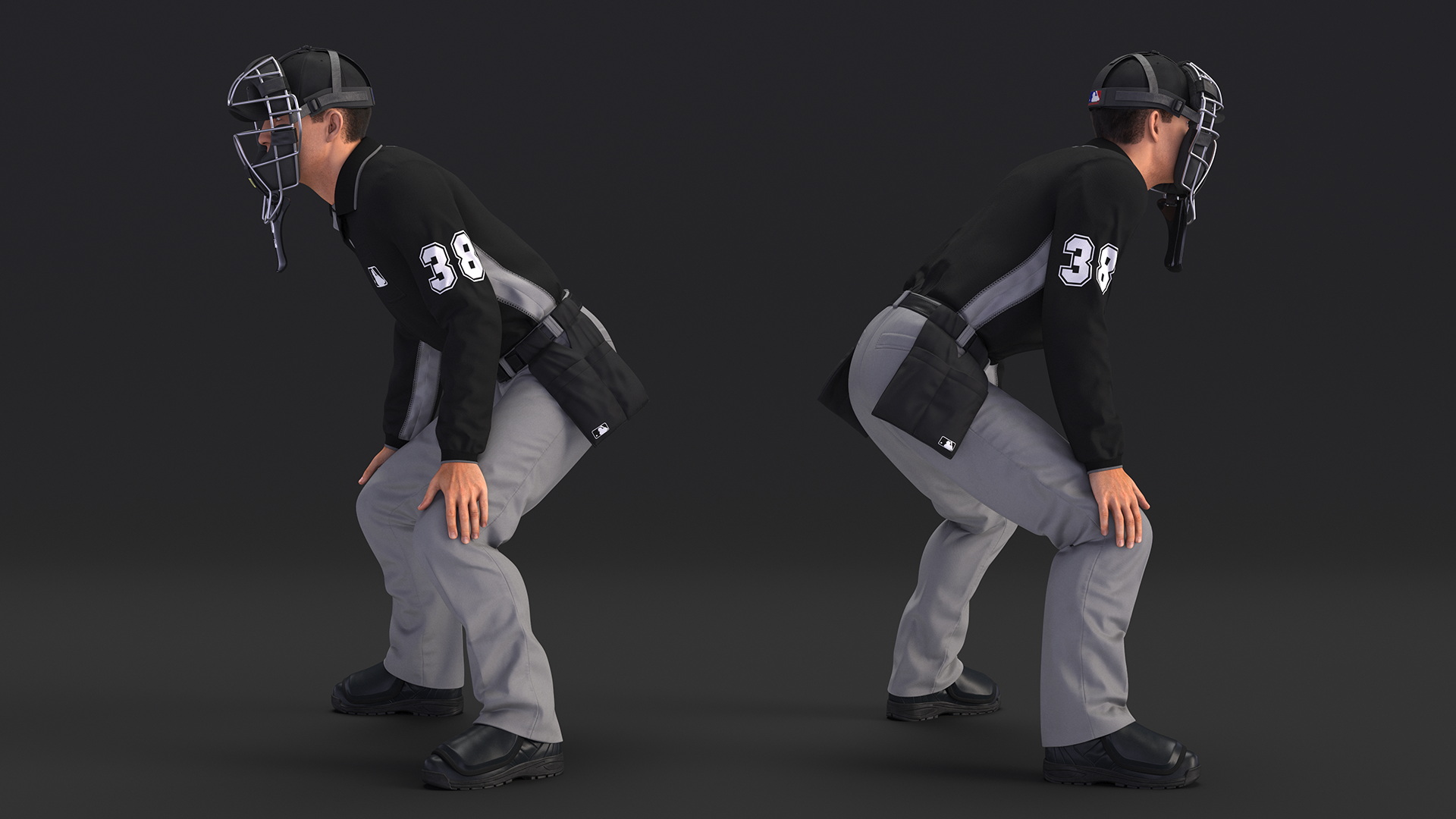 Baseball Umpire with Protective Mask and Cap in Ready Pose Fur 3D