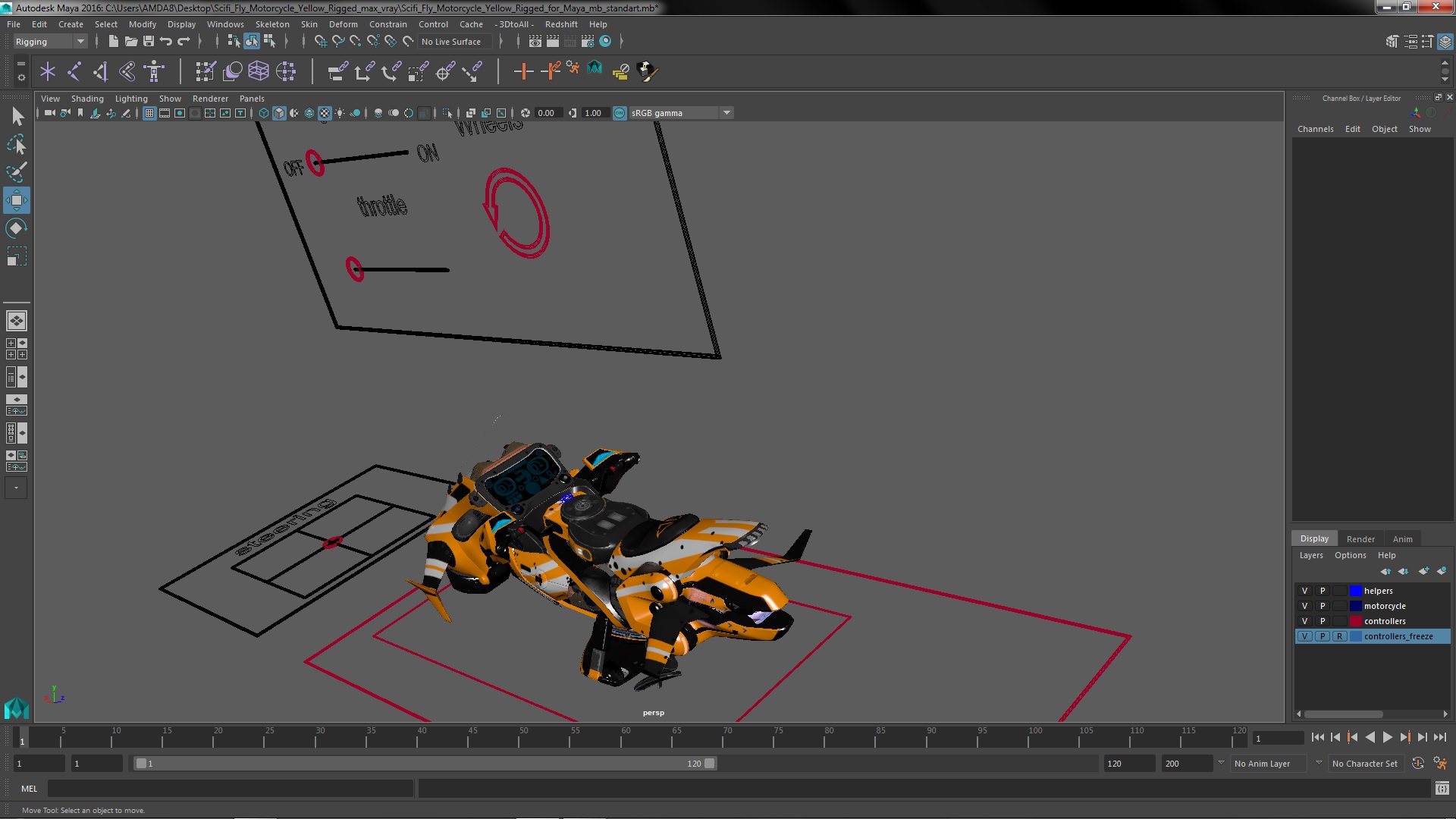 3D Scifi Fly Motorcycle Yellow Rigged for Maya model