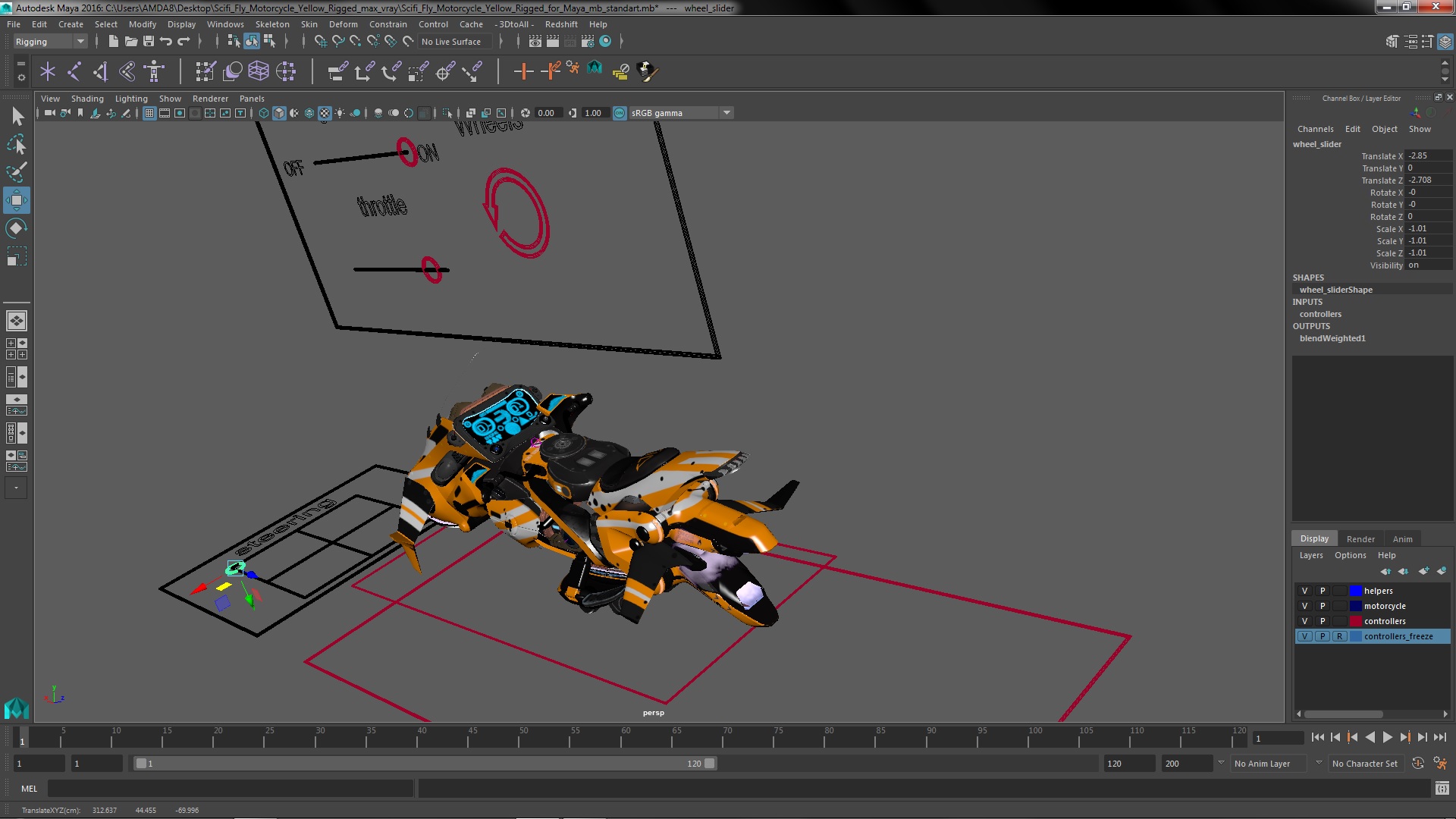 3D Scifi Fly Motorcycle Yellow Rigged for Maya model