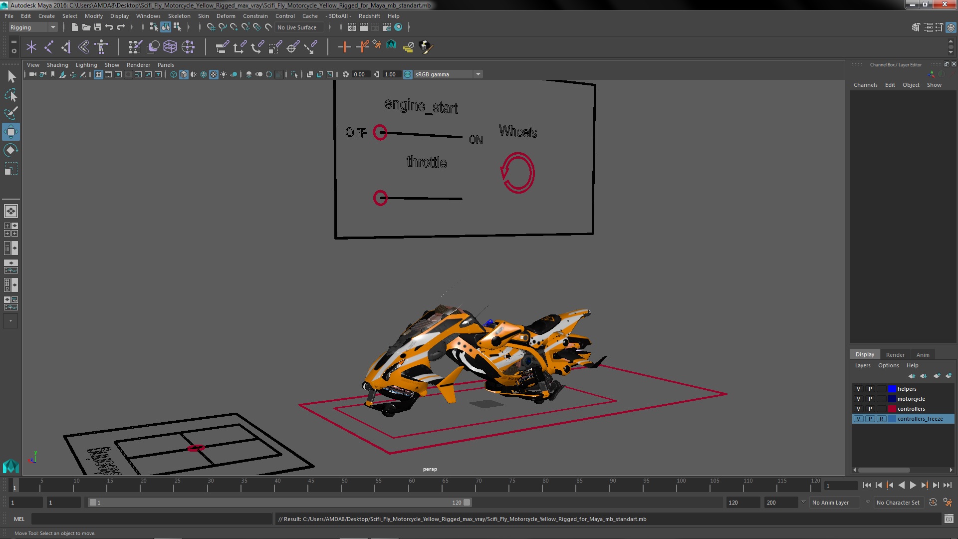 3D Scifi Fly Motorcycle Yellow Rigged for Maya model