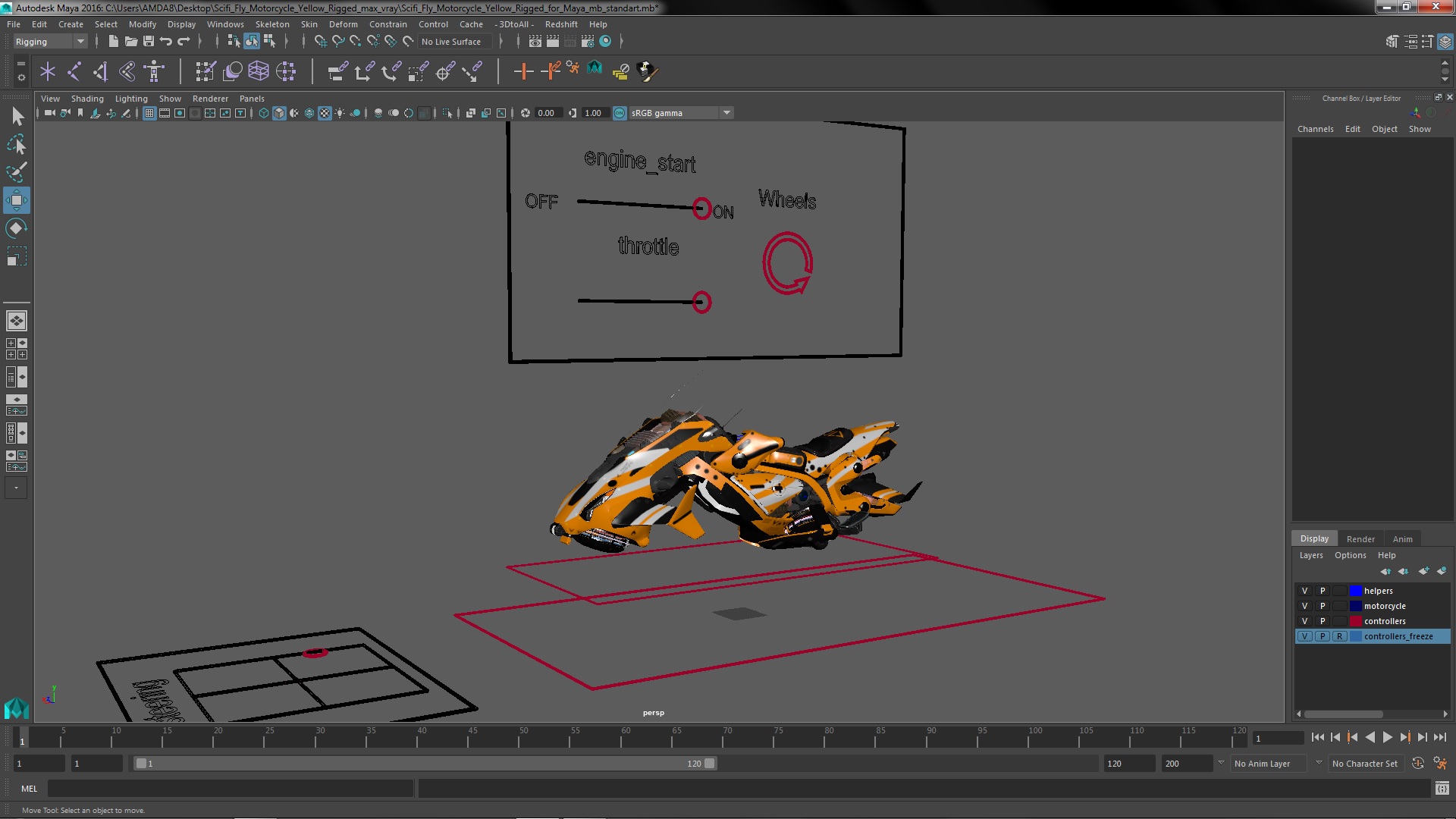 3D Scifi Fly Motorcycle Yellow Rigged for Maya model