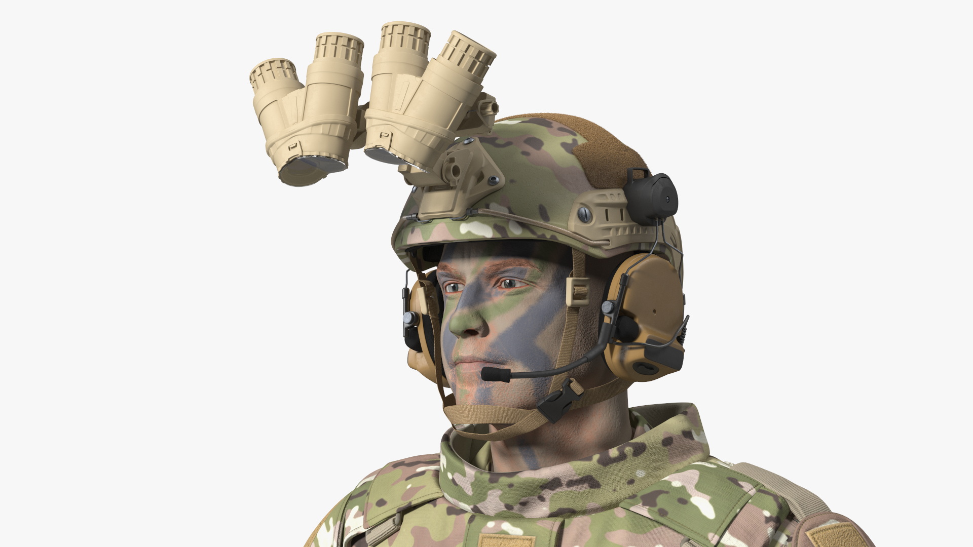 3D model Soldier in Night Vision Goggles Green Camo Standing Fur