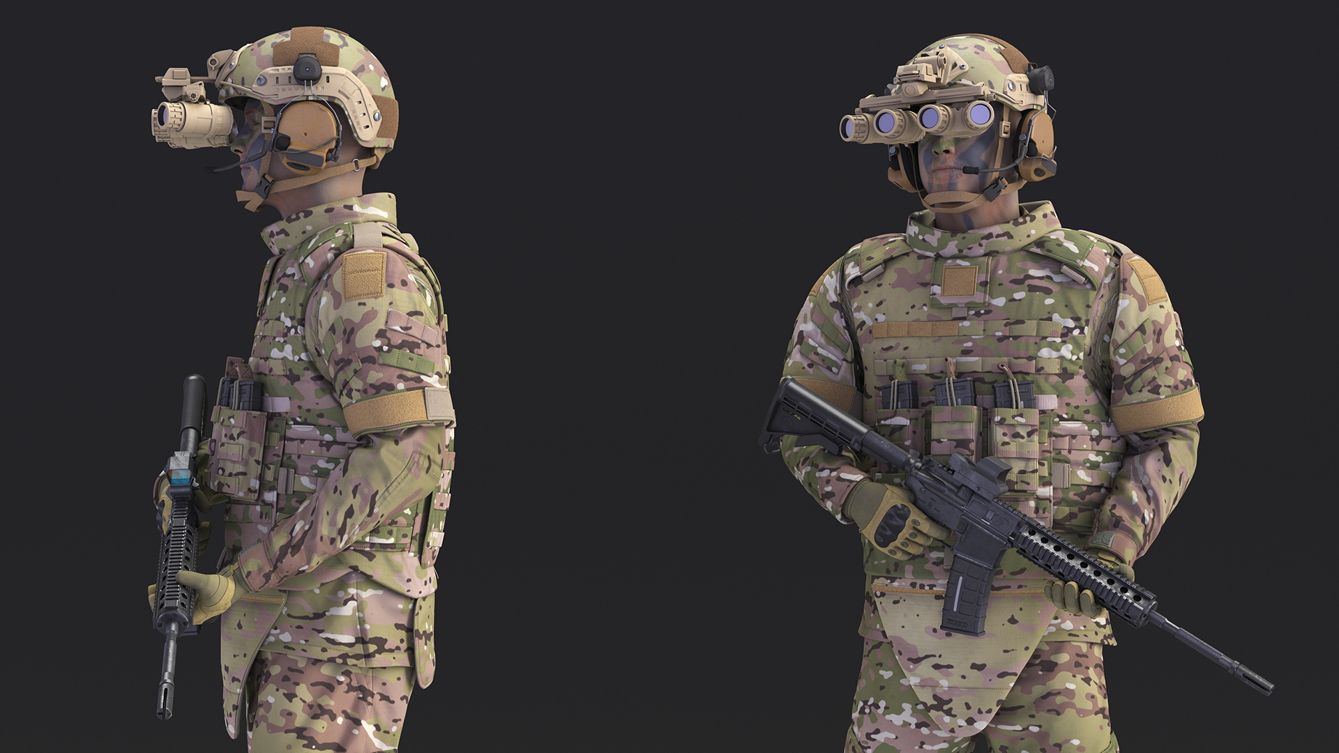 3D model Soldier in Night Vision Goggles Green Camo Standing Fur
