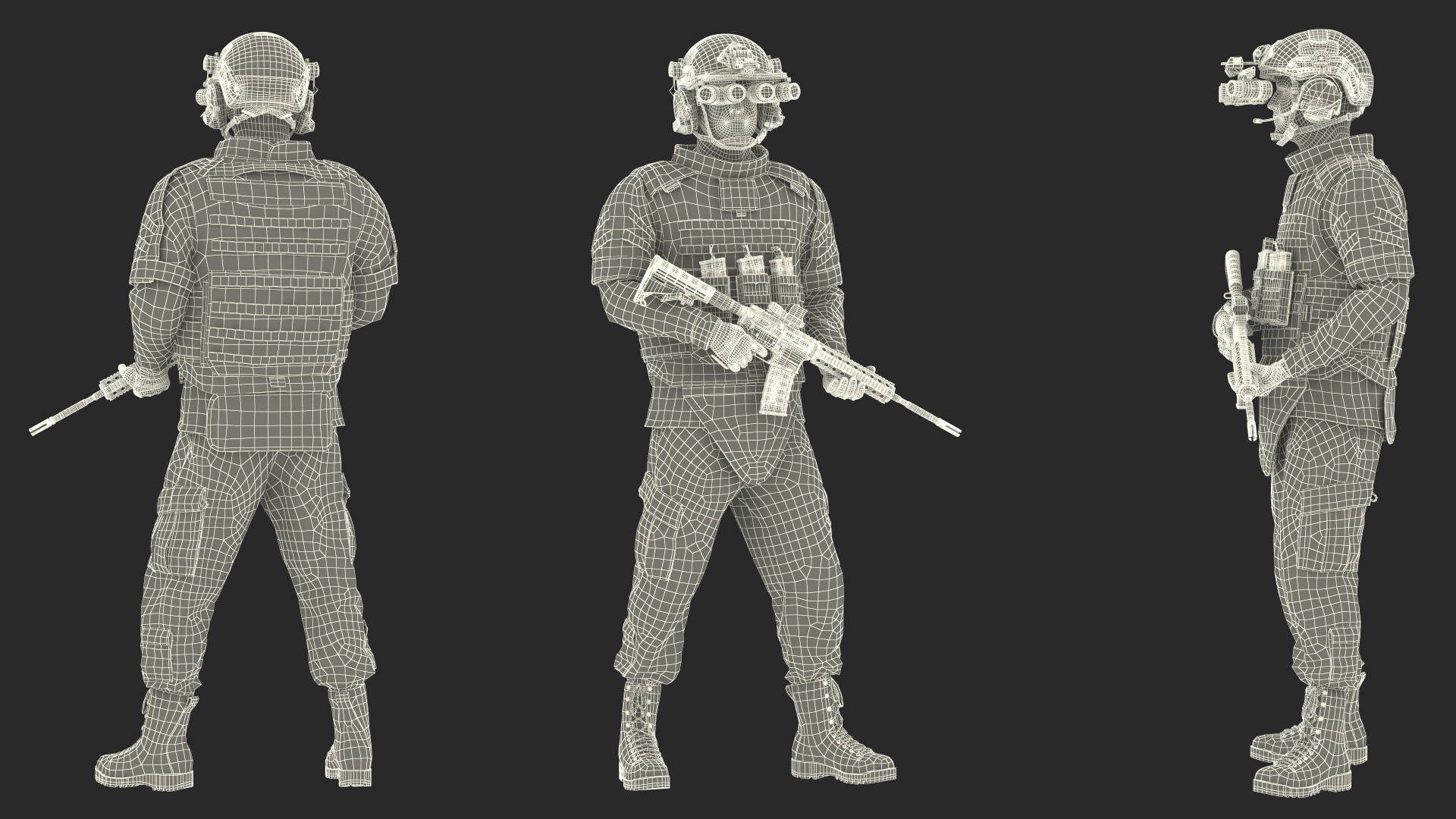 3D model Soldier in Night Vision Goggles Green Camo Standing Fur