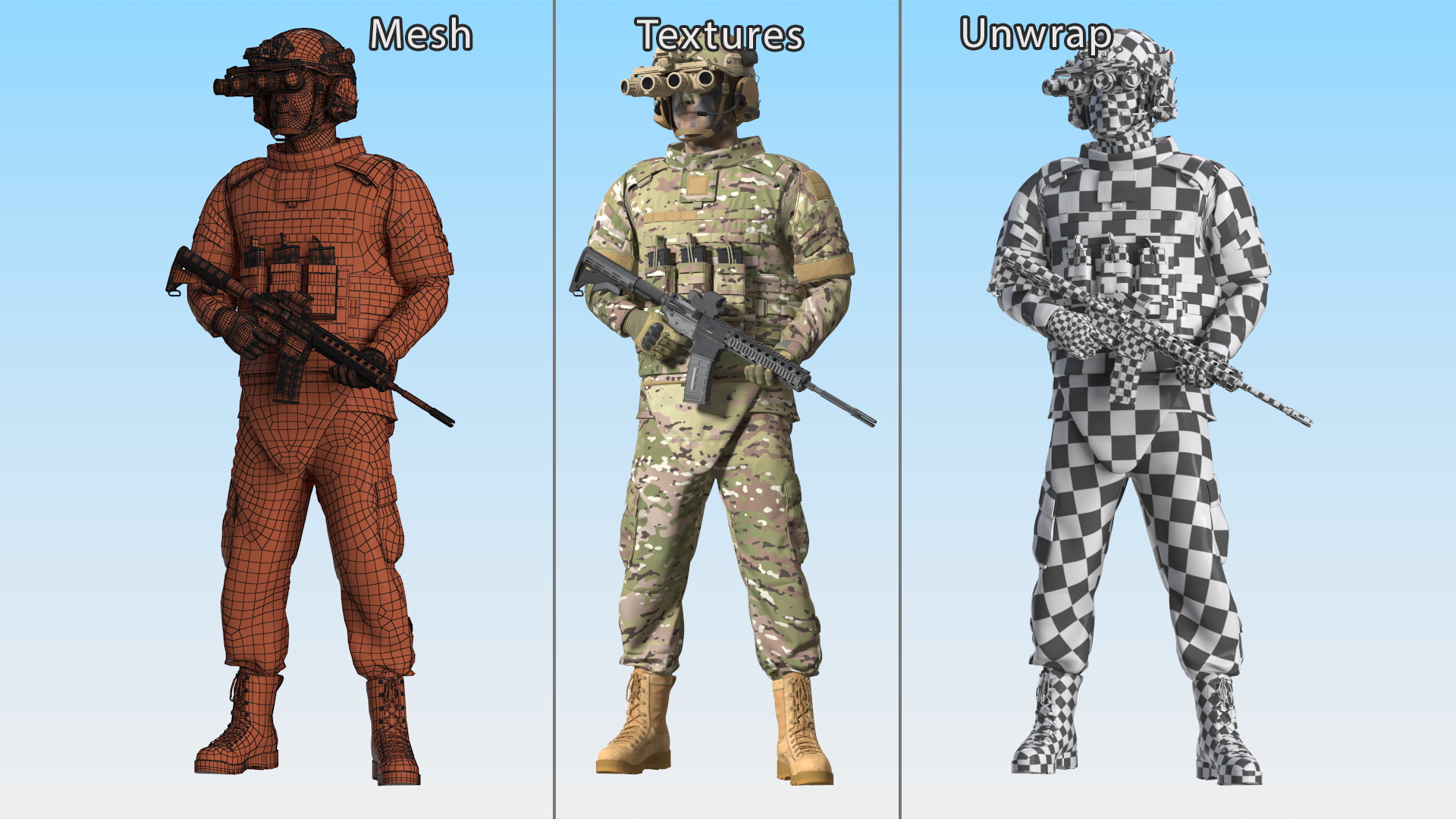 3D model Soldier in Night Vision Goggles Green Camo Standing Fur