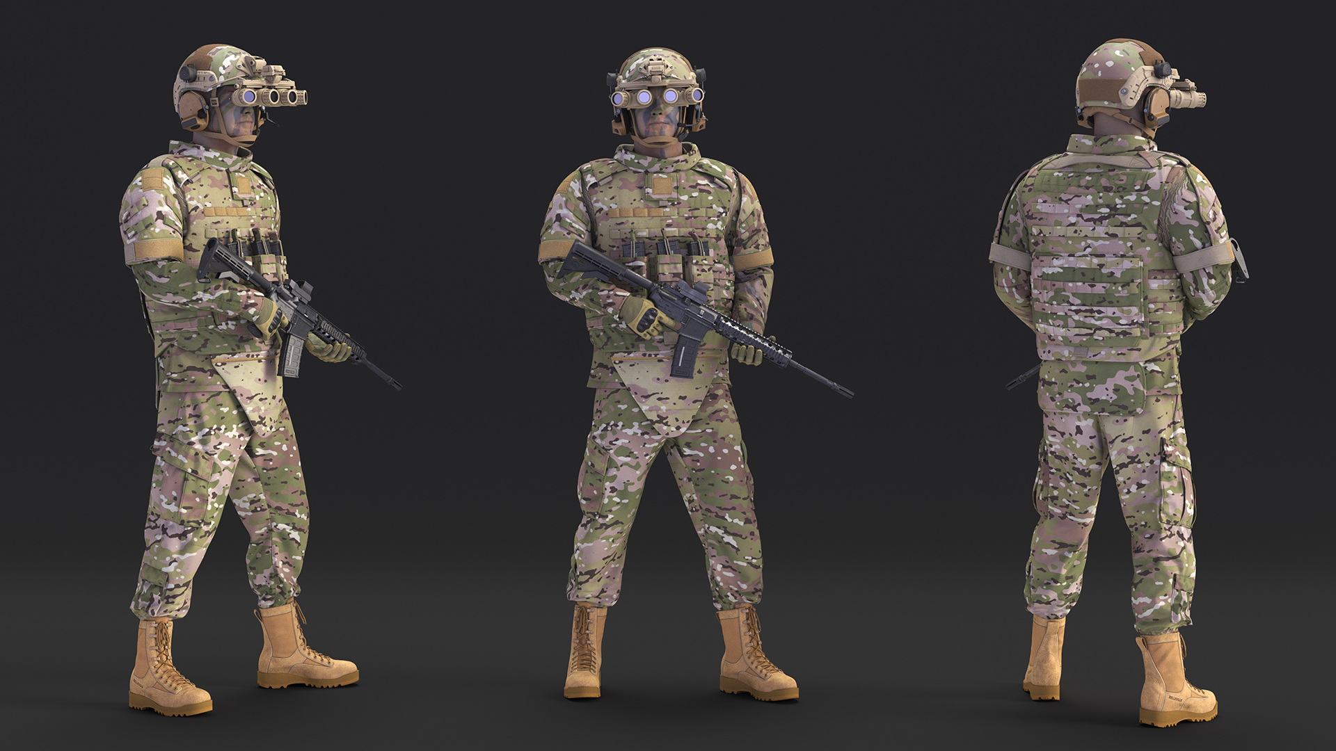 3D model Soldier in Night Vision Goggles Green Camo Standing Fur