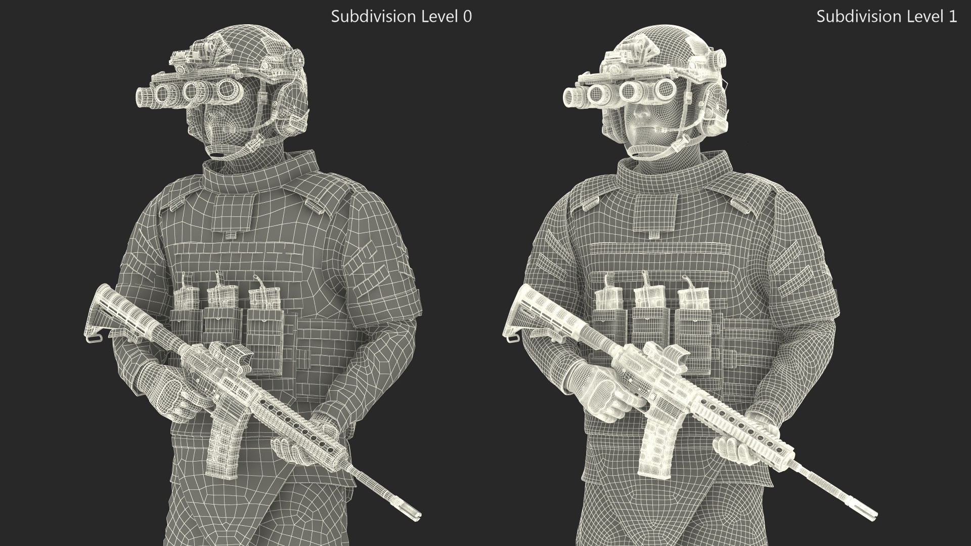 3D model Soldier in Night Vision Goggles Green Camo Standing Fur