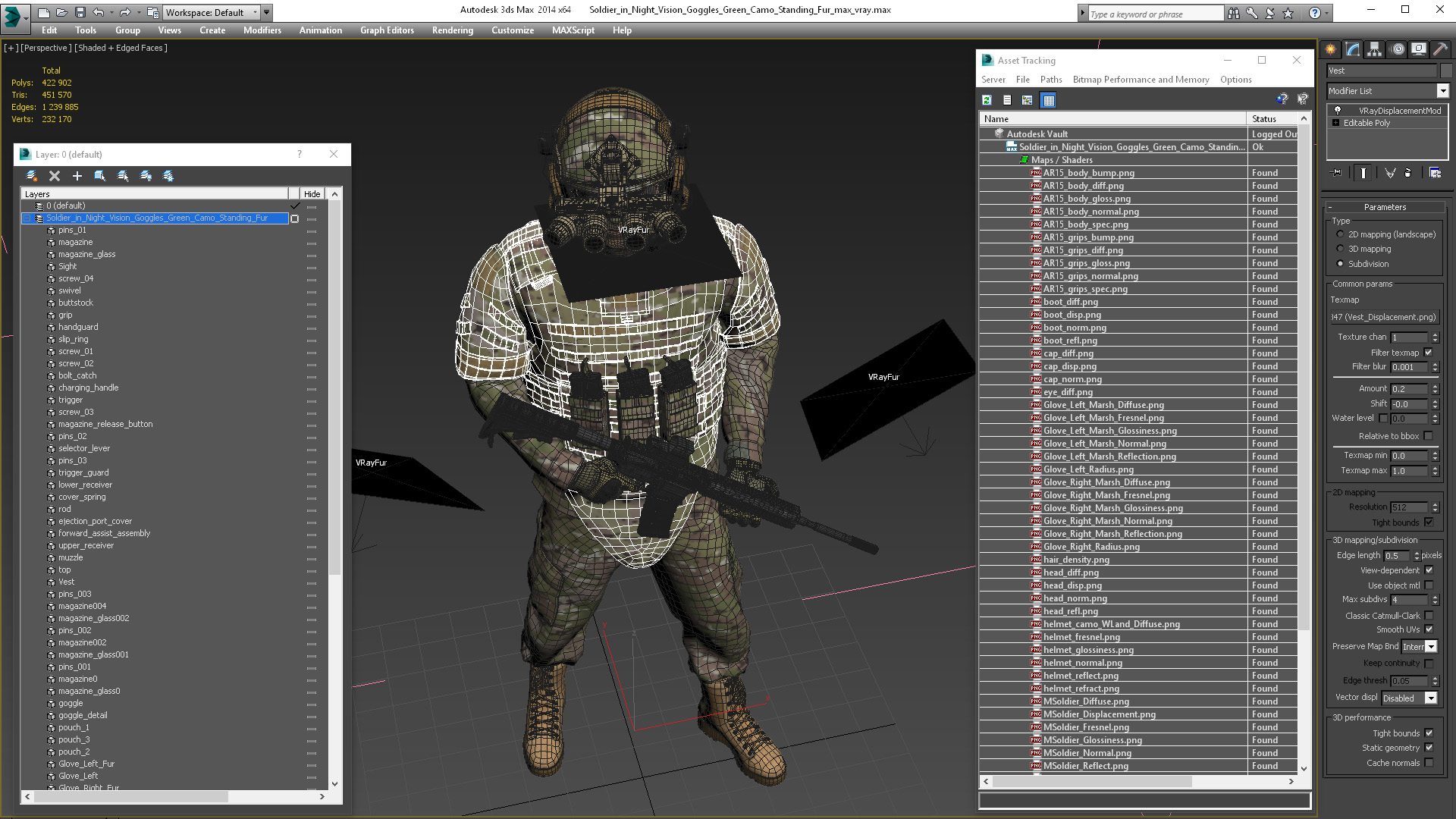 3D model Soldier in Night Vision Goggles Green Camo Standing Fur