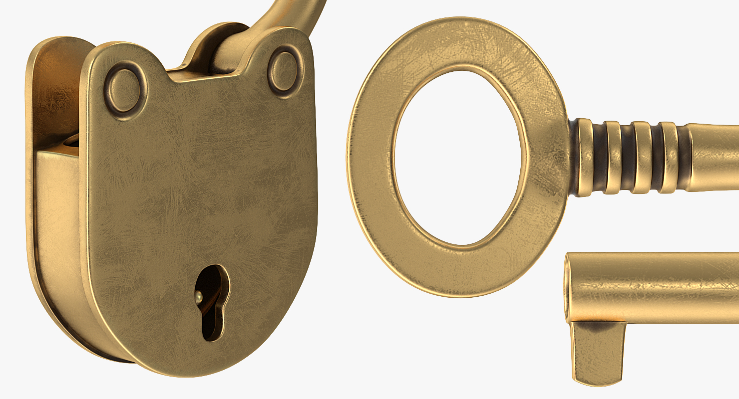 Vintage Brass Padlock with Skeleton Key 3D model