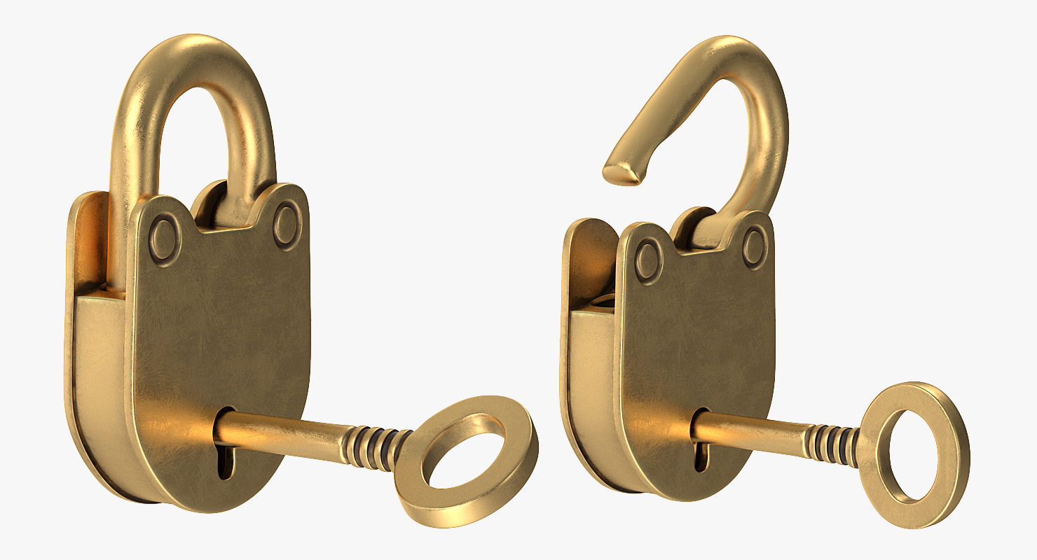 Vintage Brass Padlock with Skeleton Key 3D model