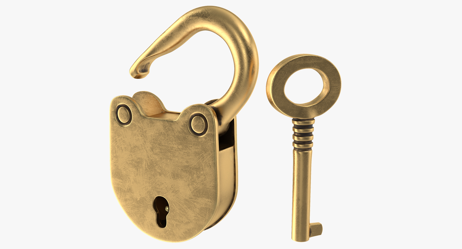 Vintage Brass Padlock with Skeleton Key 3D model