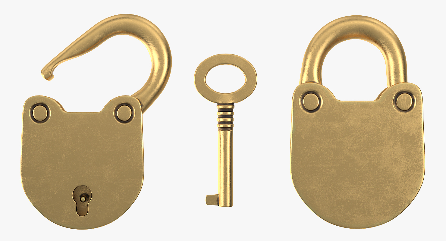 Vintage Brass Padlock with Skeleton Key 3D model