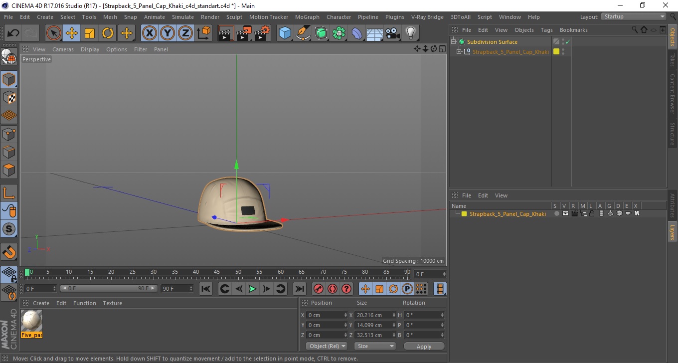 Strapback 5 Panel Cap Khaki 3D