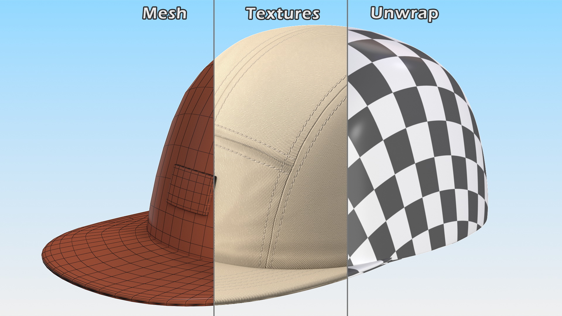 Strapback 5 Panel Cap Khaki 3D