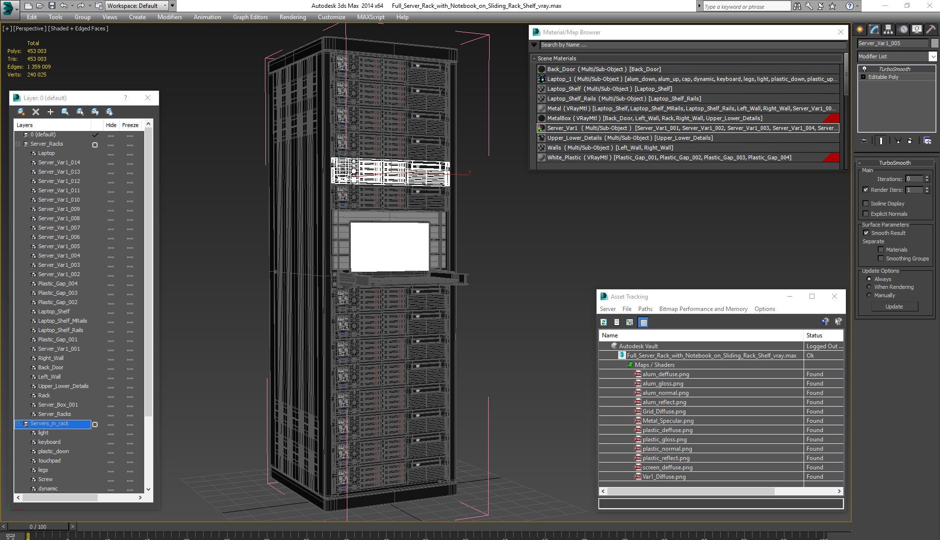 3D model Full Server Rack with Laptop on Sliding Rack Shelf