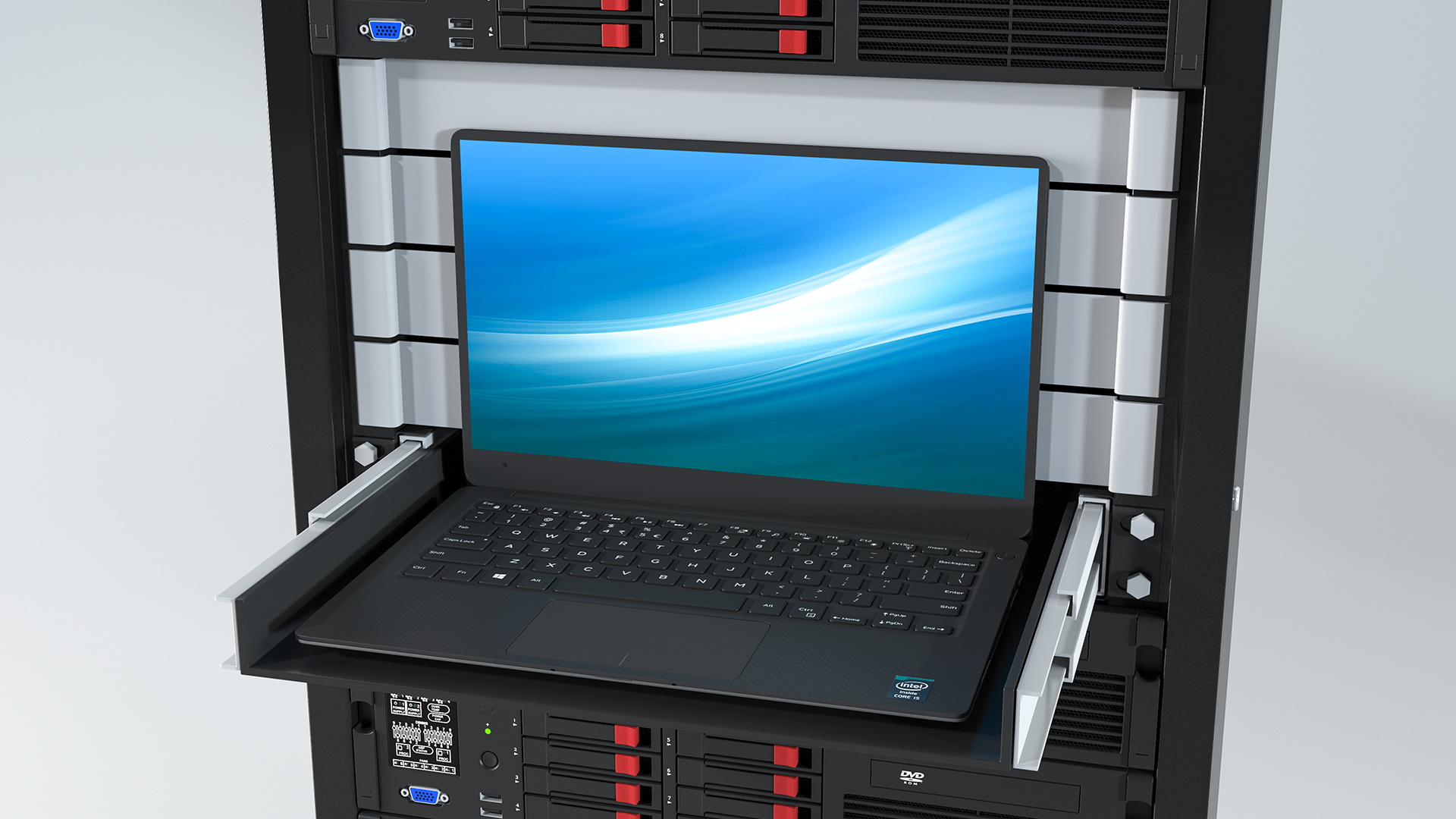 3D model Full Server Rack with Laptop on Sliding Rack Shelf