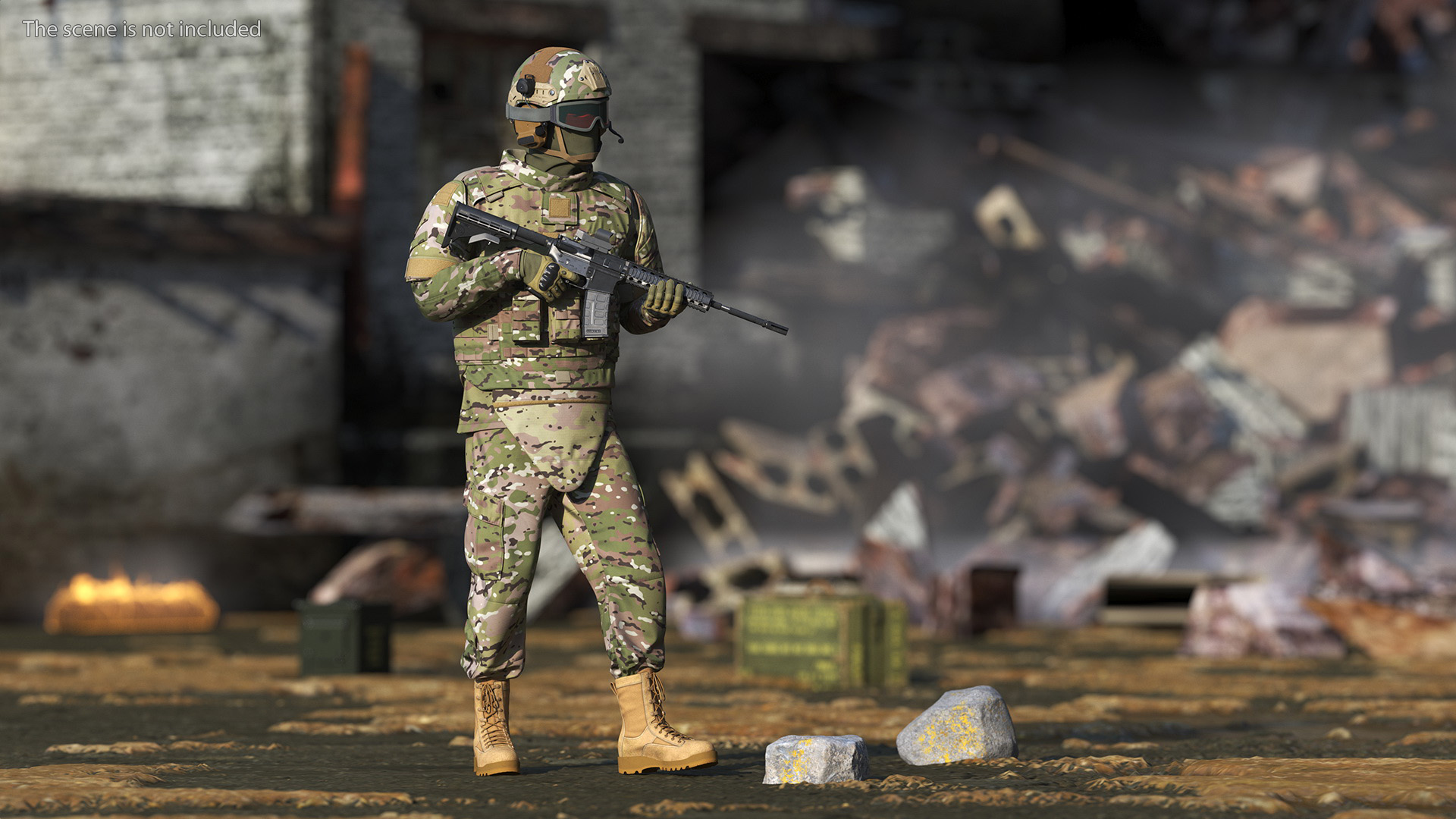 3D Equipped Military Soldier in Green Camo Walking Fur