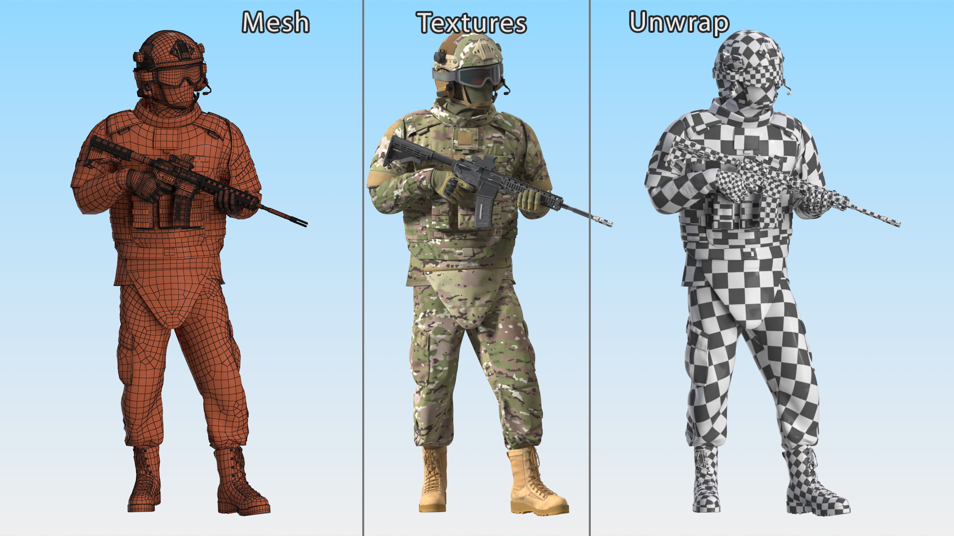 3D Equipped Military Soldier in Green Camo Walking Fur