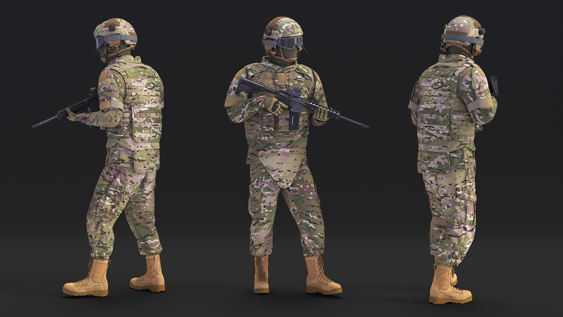 3D Equipped Military Soldier in Green Camo Walking Fur
