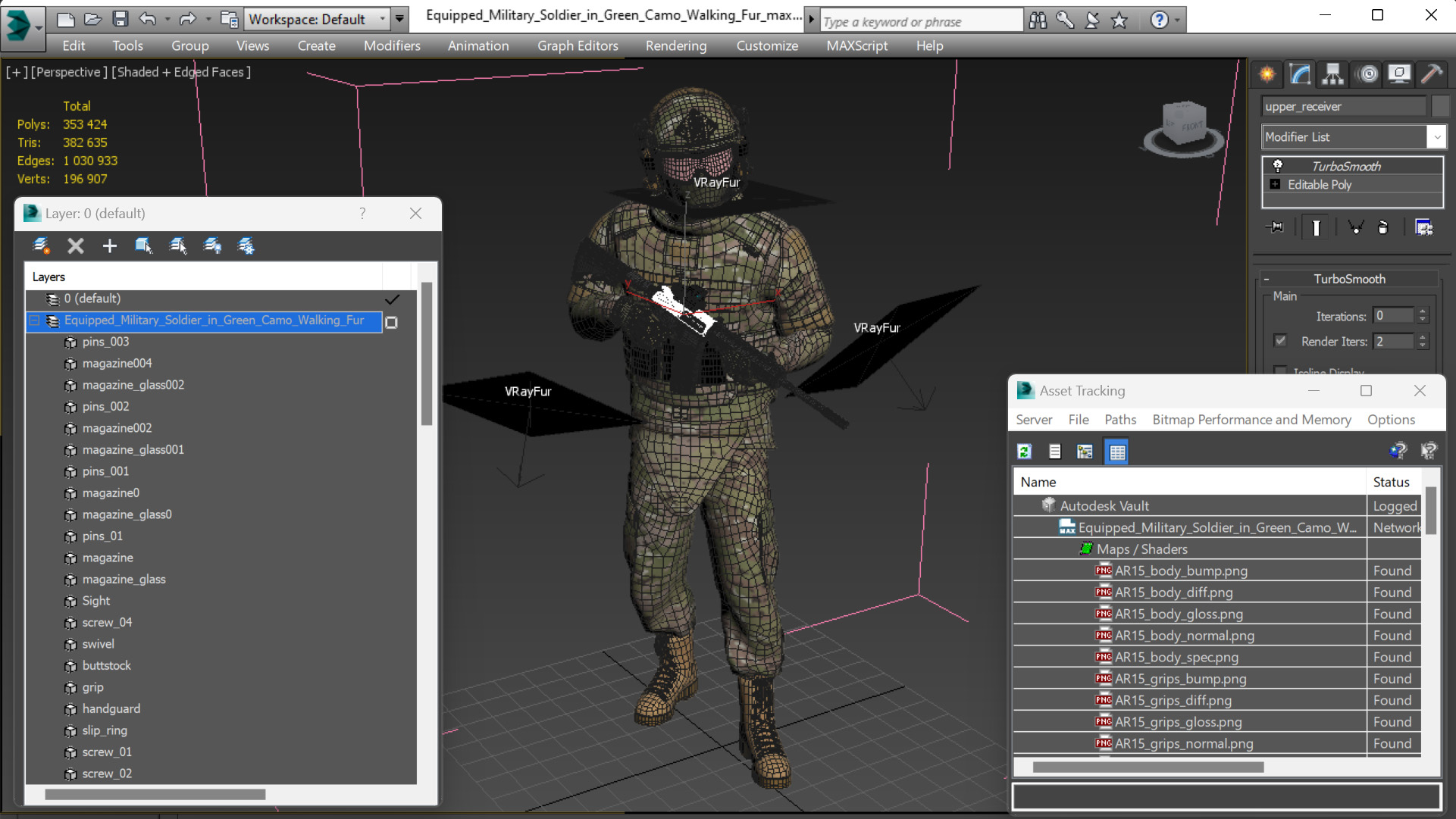 3D Equipped Military Soldier in Green Camo Walking Fur