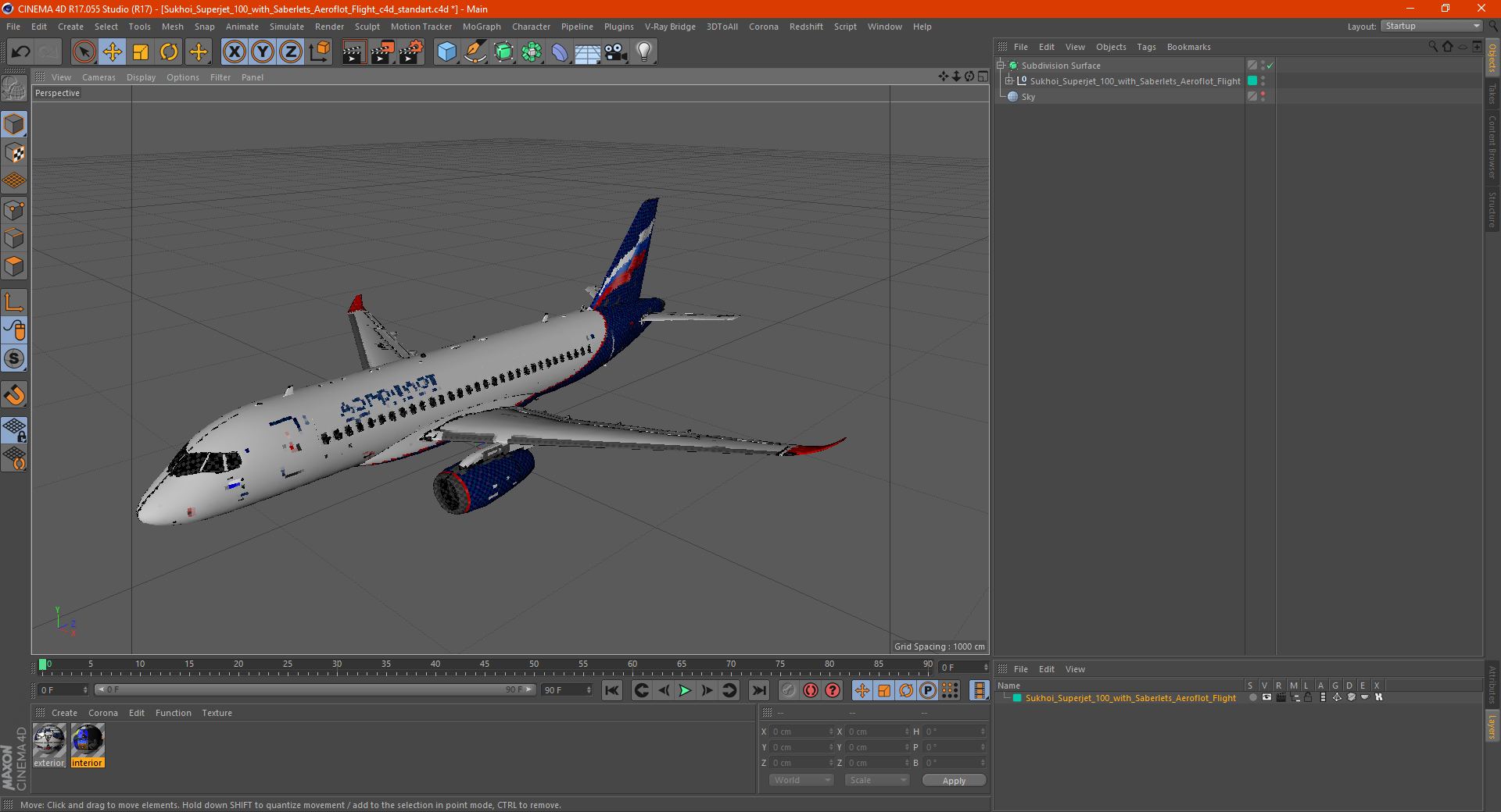 3D model Sukhoi Superjet 100 with Saberlets Aeroflot Flight