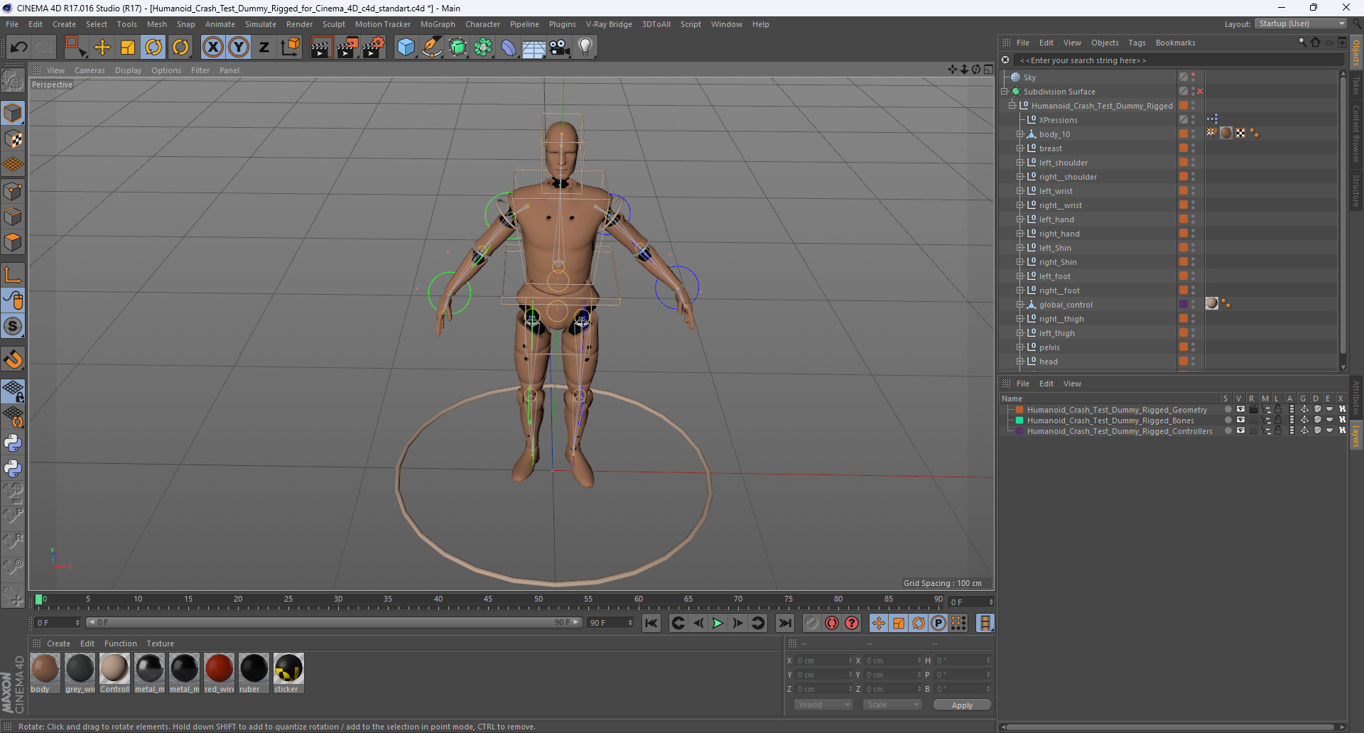 3D Humanoid Crash Test Dummy Rigged for Cinema 4D