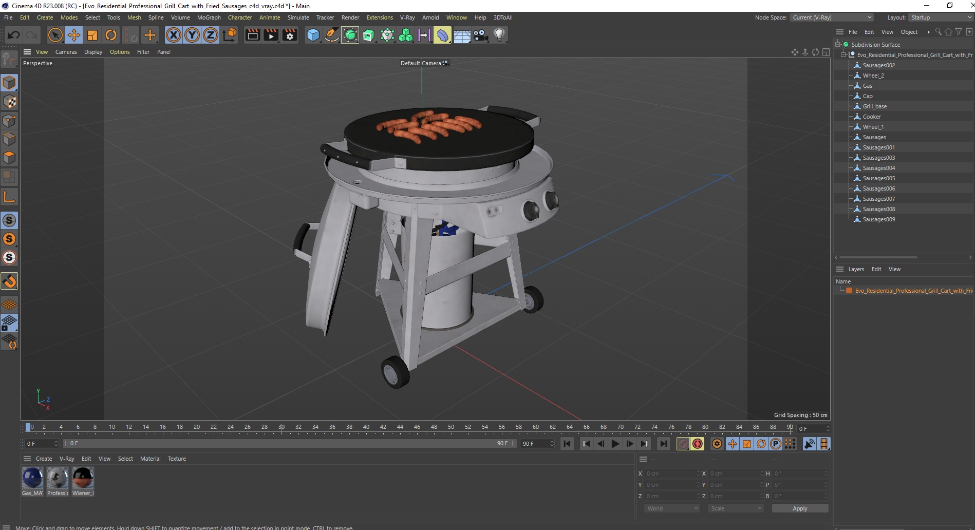 Evo Residential Professional Grill Cart with Fried Sausages 3D model