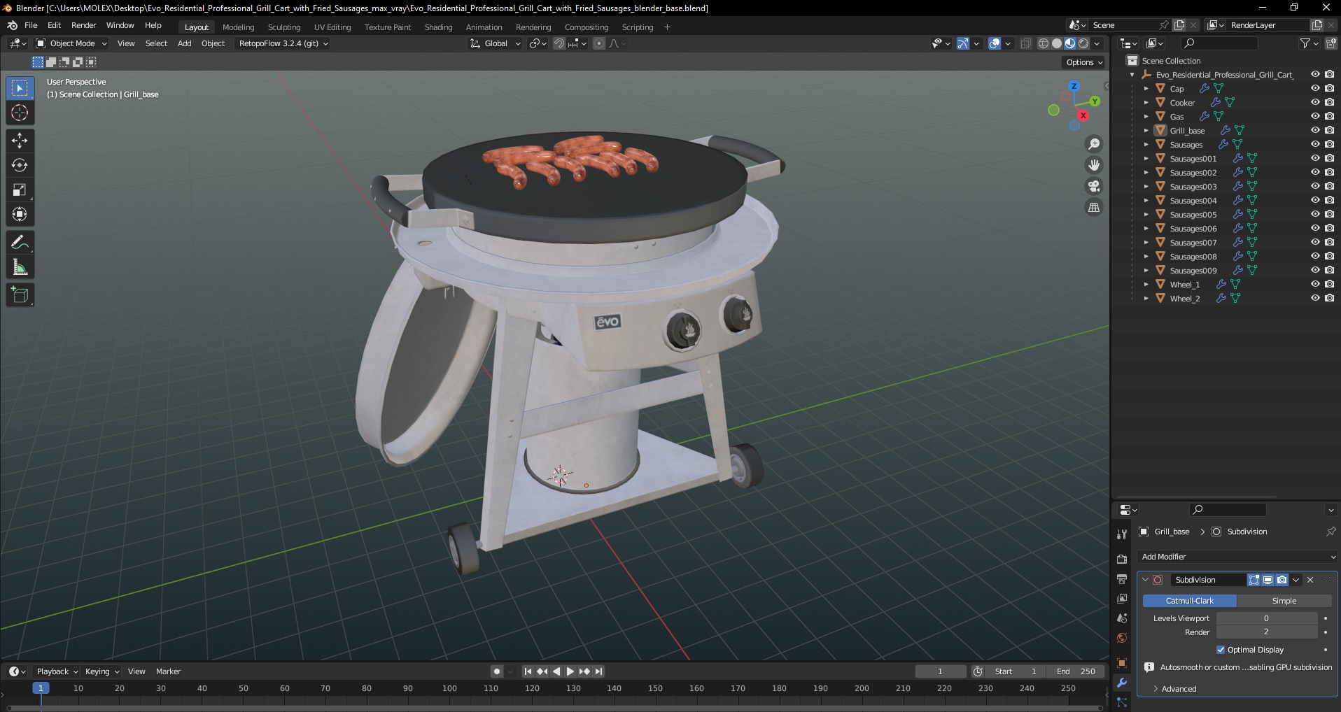Evo Residential Professional Grill Cart with Fried Sausages 3D model