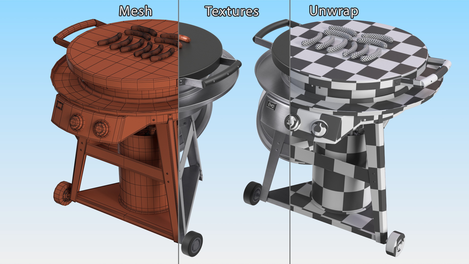 Evo Residential Professional Grill Cart with Fried Sausages 3D model