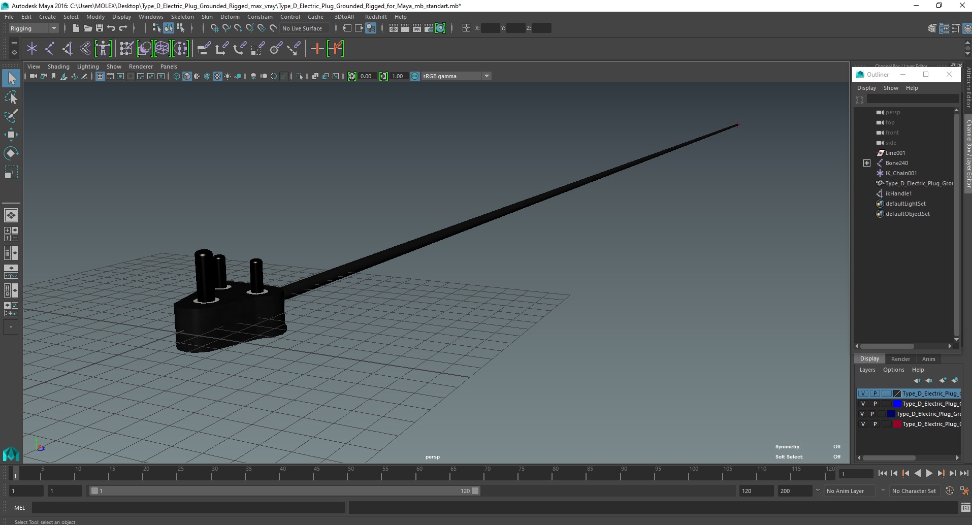 3D model Type D Electric Plug Grounded Rigged for Maya