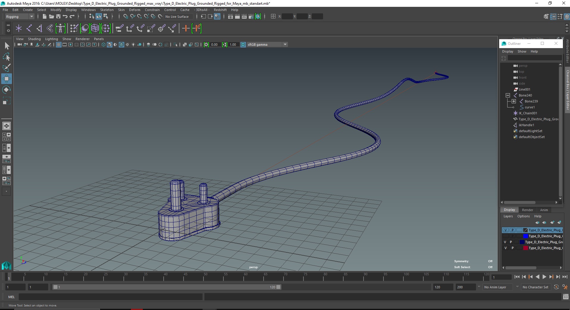 3D model Type D Electric Plug Grounded Rigged for Maya