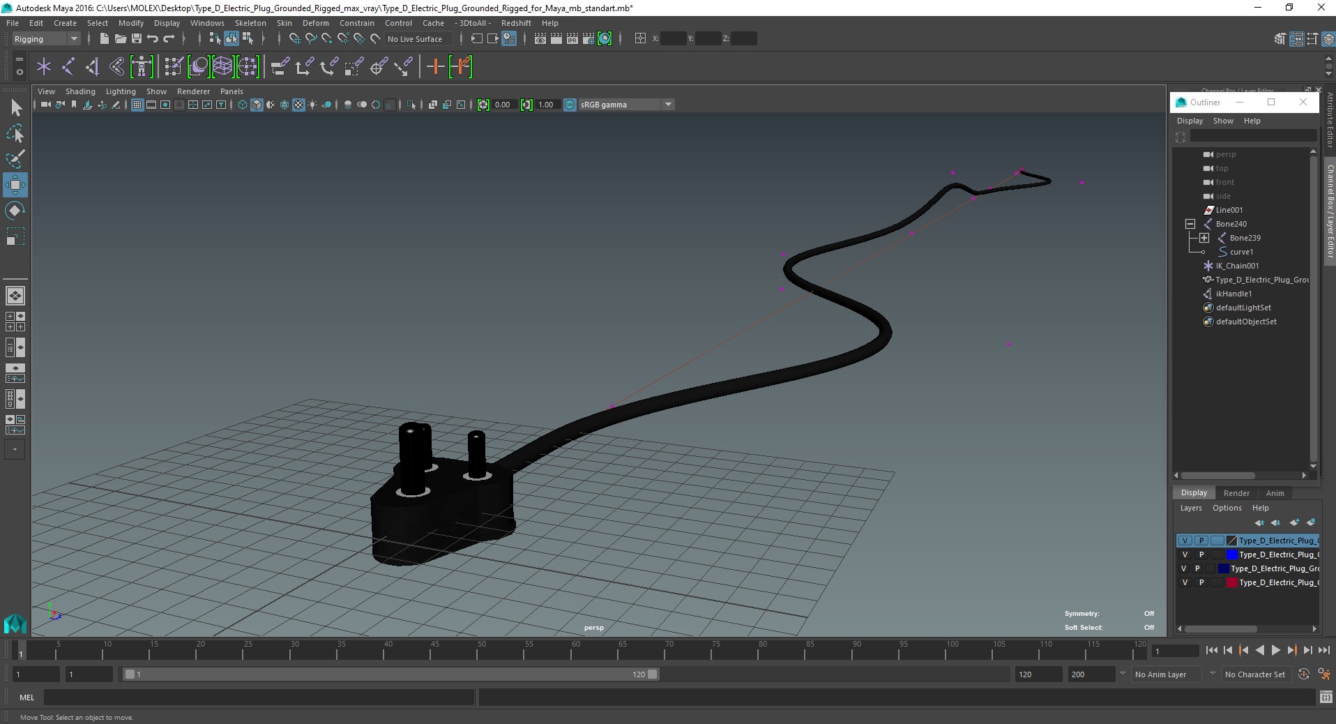 3D model Type D Electric Plug Grounded Rigged for Maya