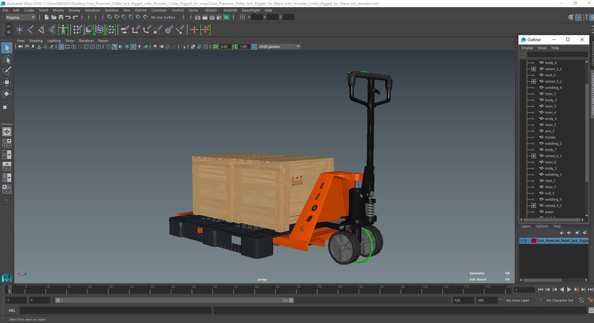 3D Lion Premium Pallet Jack Rigged with Wooden Crates Rigged for Maya
