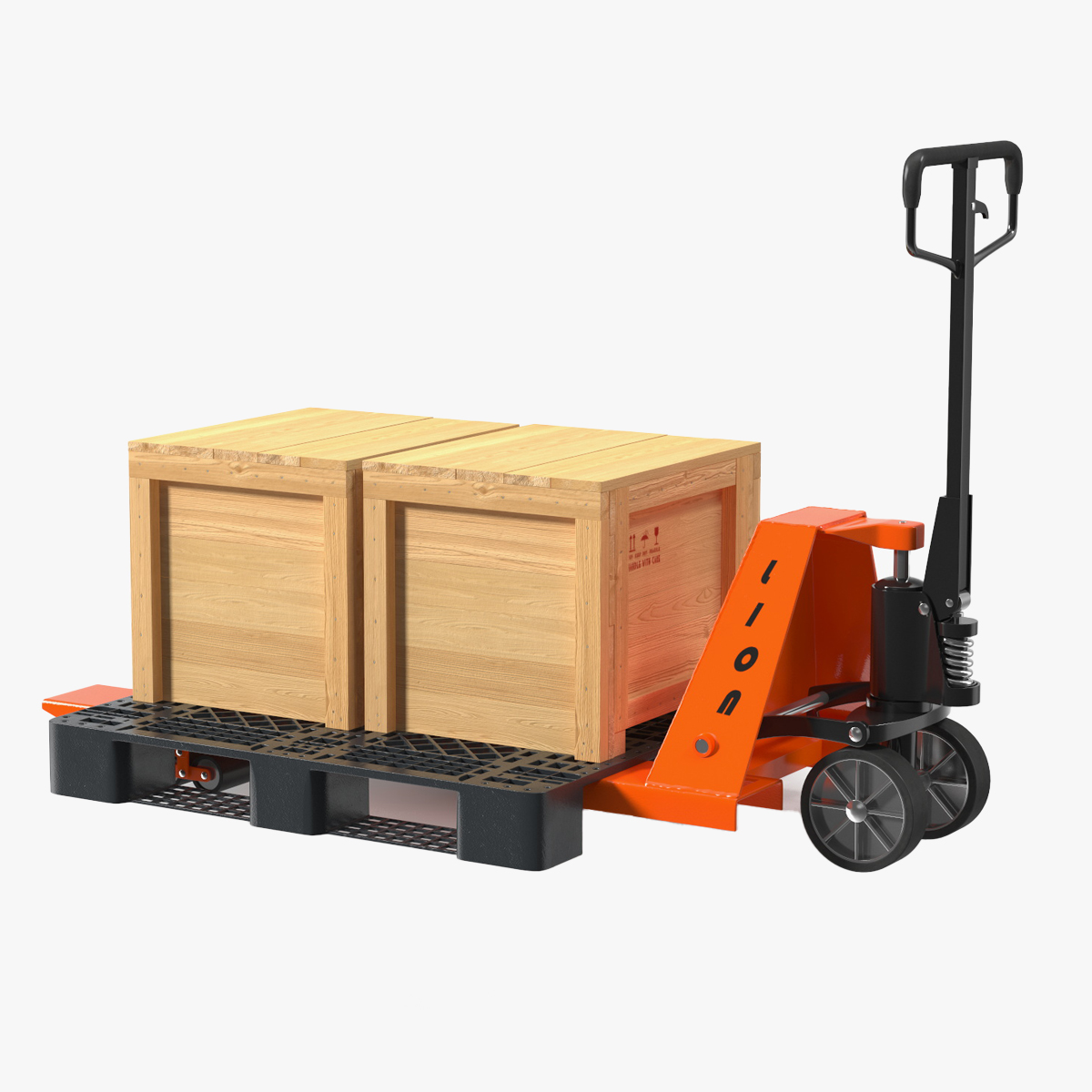 3D Lion Premium Pallet Jack Rigged with Wooden Crates Rigged for Maya