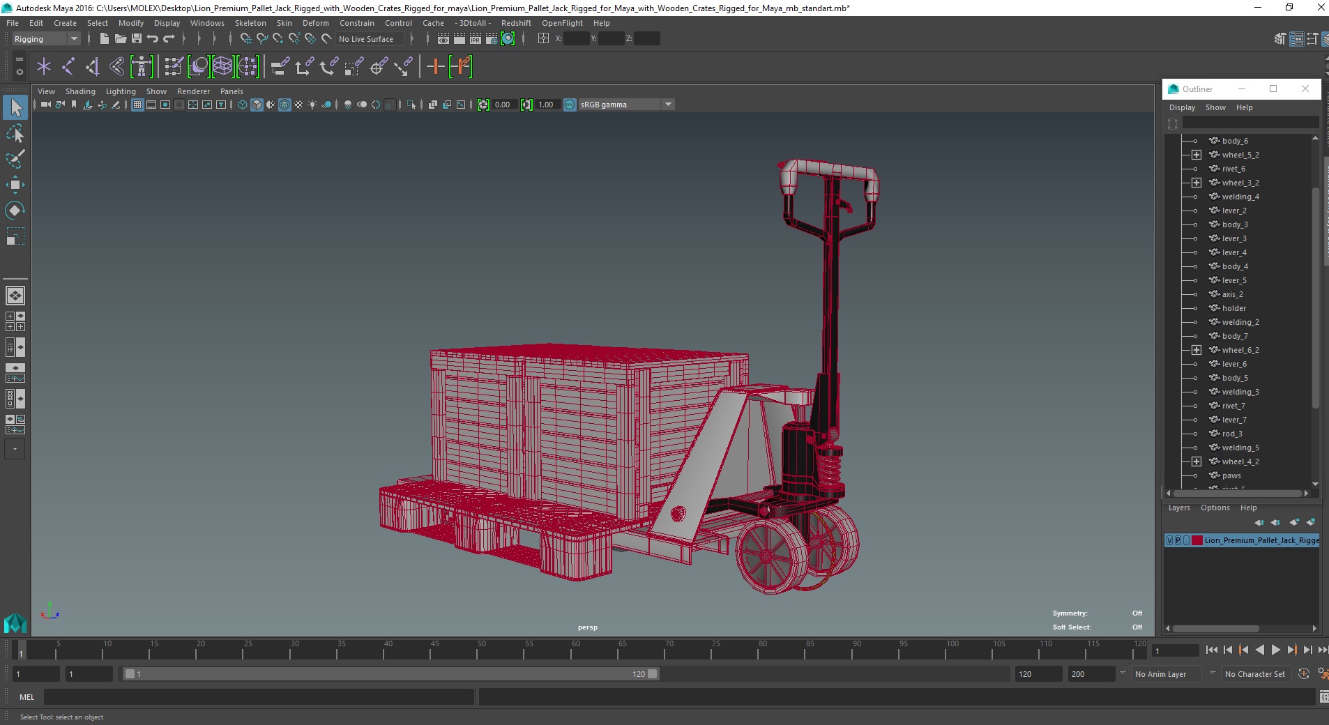 3D Lion Premium Pallet Jack Rigged with Wooden Crates Rigged for Maya