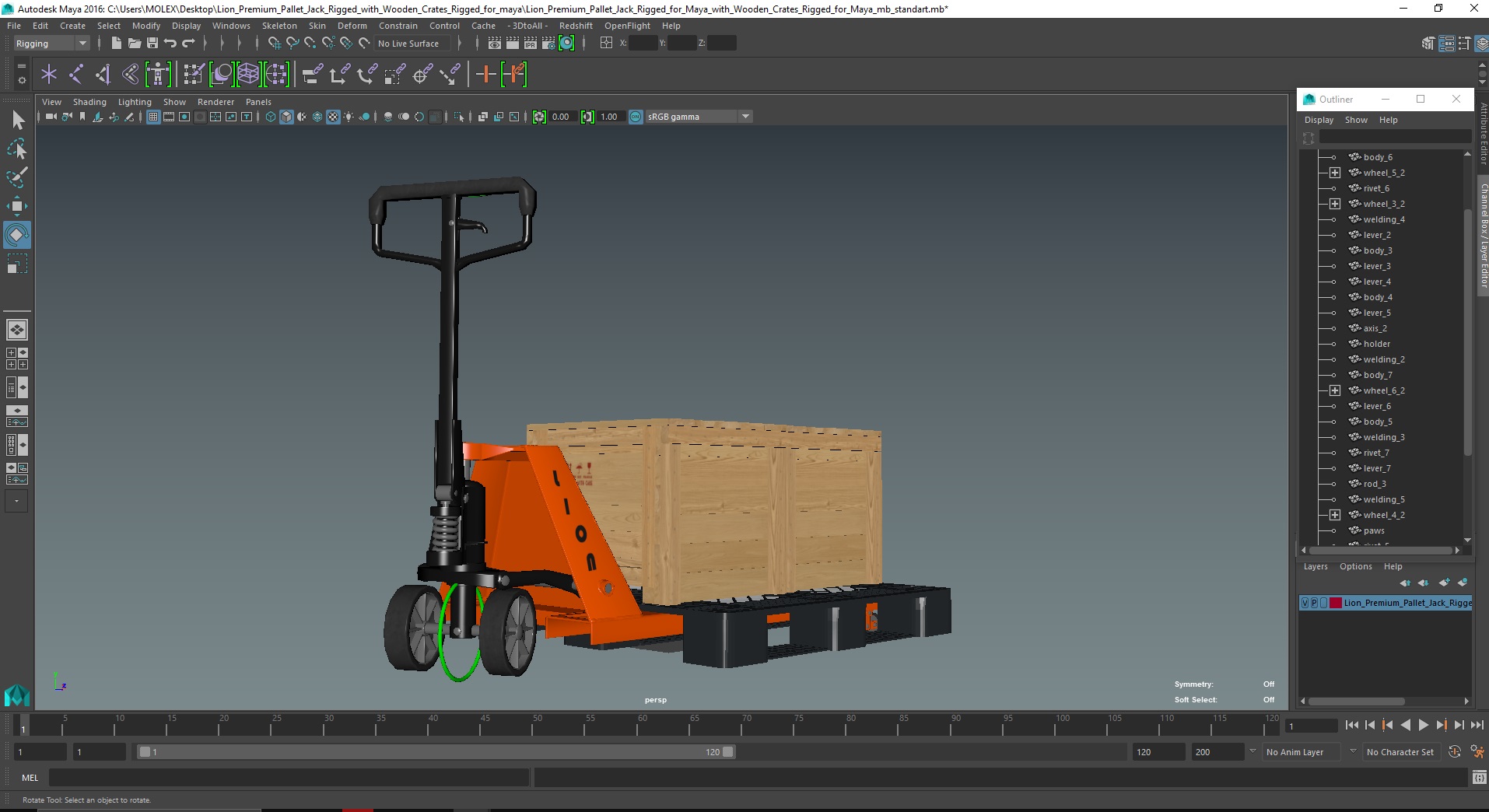 3D Lion Premium Pallet Jack Rigged with Wooden Crates Rigged for Maya