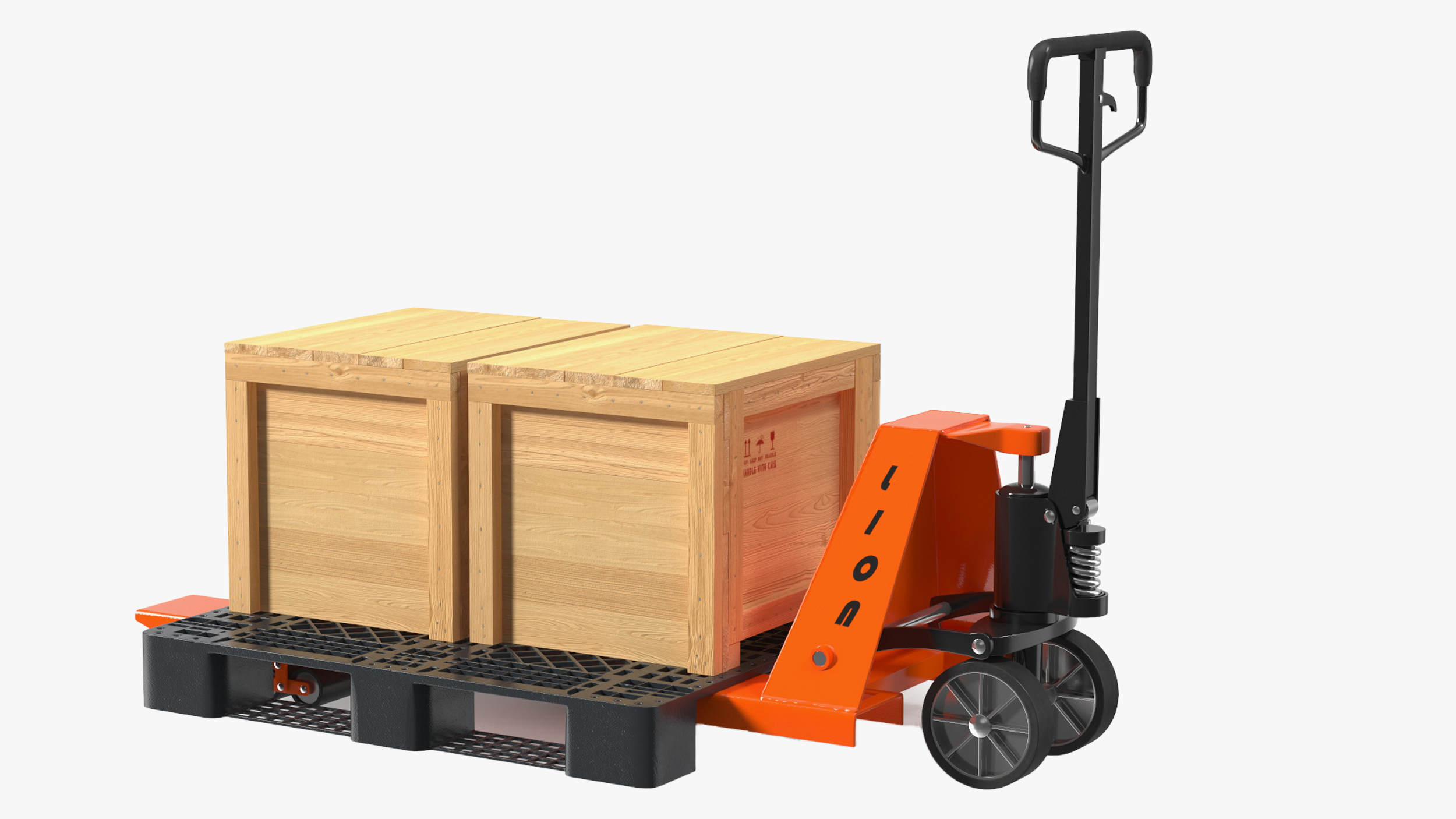 3D Lion Premium Pallet Jack Rigged with Wooden Crates Rigged for Maya