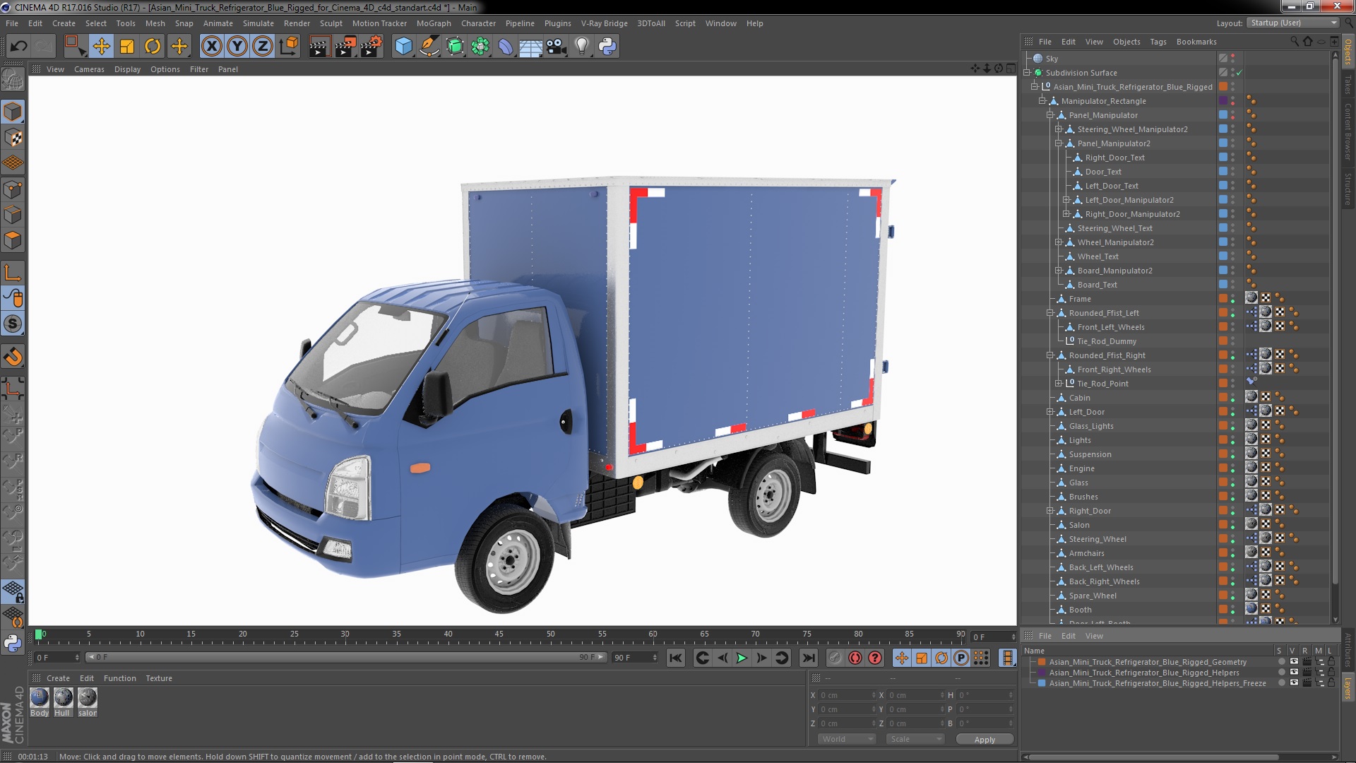 3D model Asian Mini Truck Refrigerator Blue Rigged for Cinema 4D