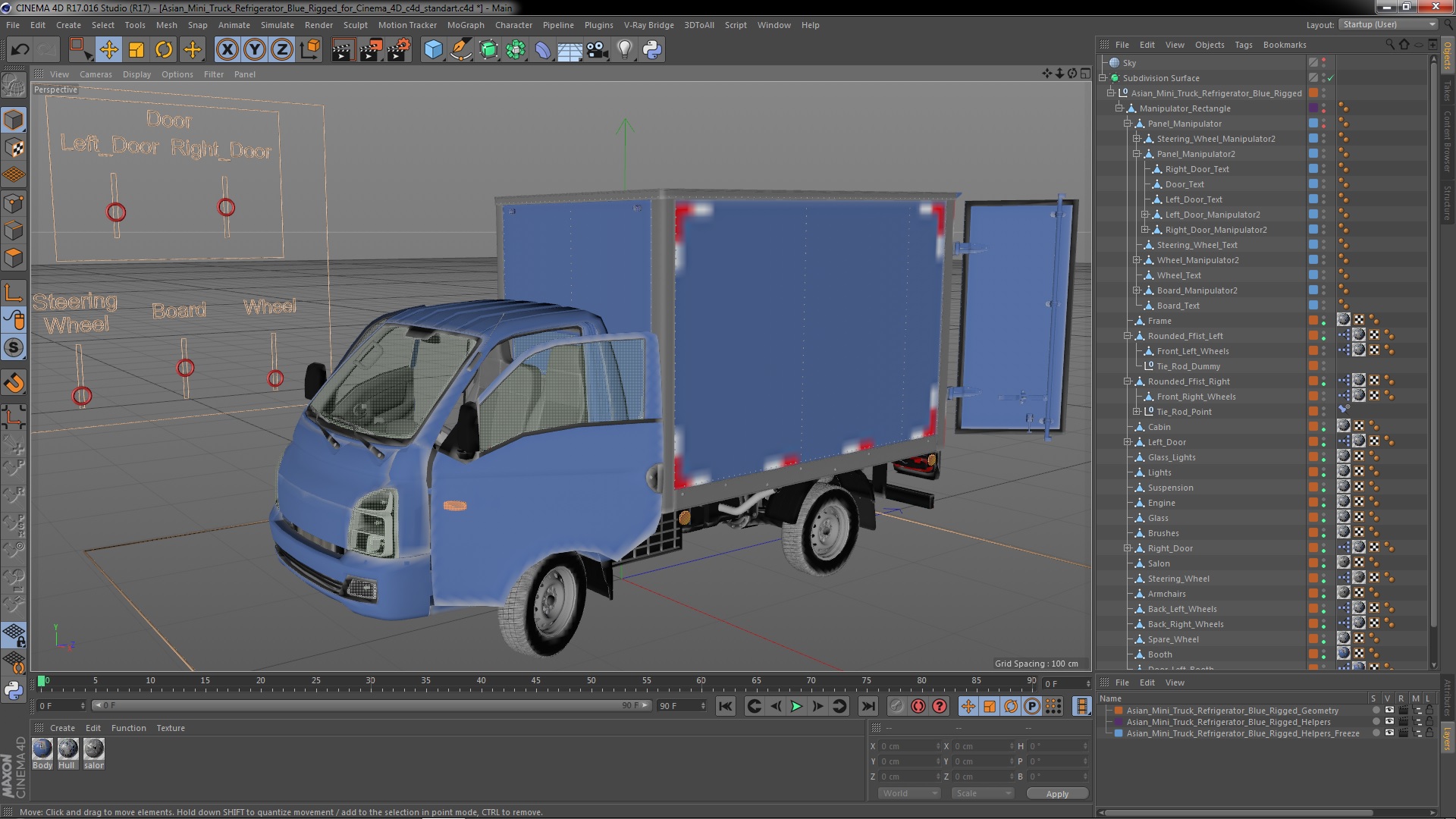 3D model Asian Mini Truck Refrigerator Blue Rigged for Cinema 4D