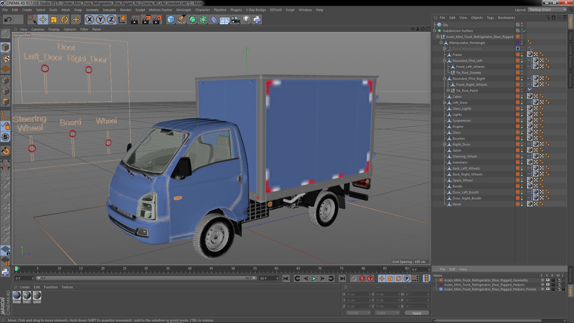3D model Asian Mini Truck Refrigerator Blue Rigged for Cinema 4D