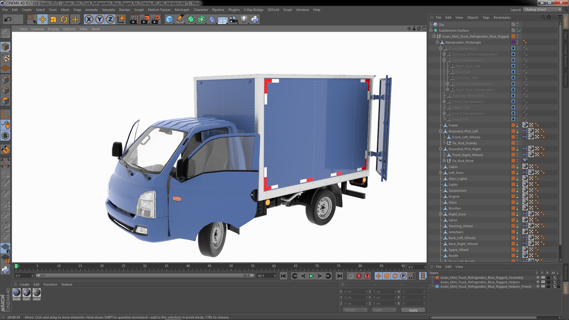 3D model Asian Mini Truck Refrigerator Blue Rigged for Cinema 4D