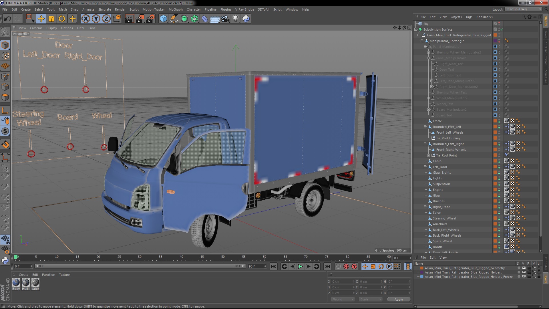 3D model Asian Mini Truck Refrigerator Blue Rigged for Cinema 4D